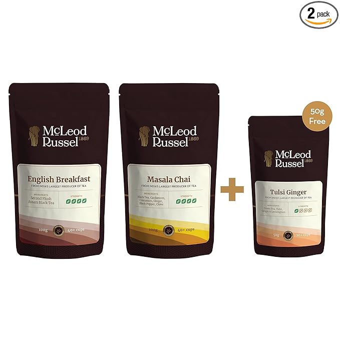 McLeod Russel 1869 - English Breakfast 100g | Masala Chai 100g | Tulsi Ginger 50g Free | Reinvigorating & Uplifting | Offer Pack | Buy 2 Get 1 Free