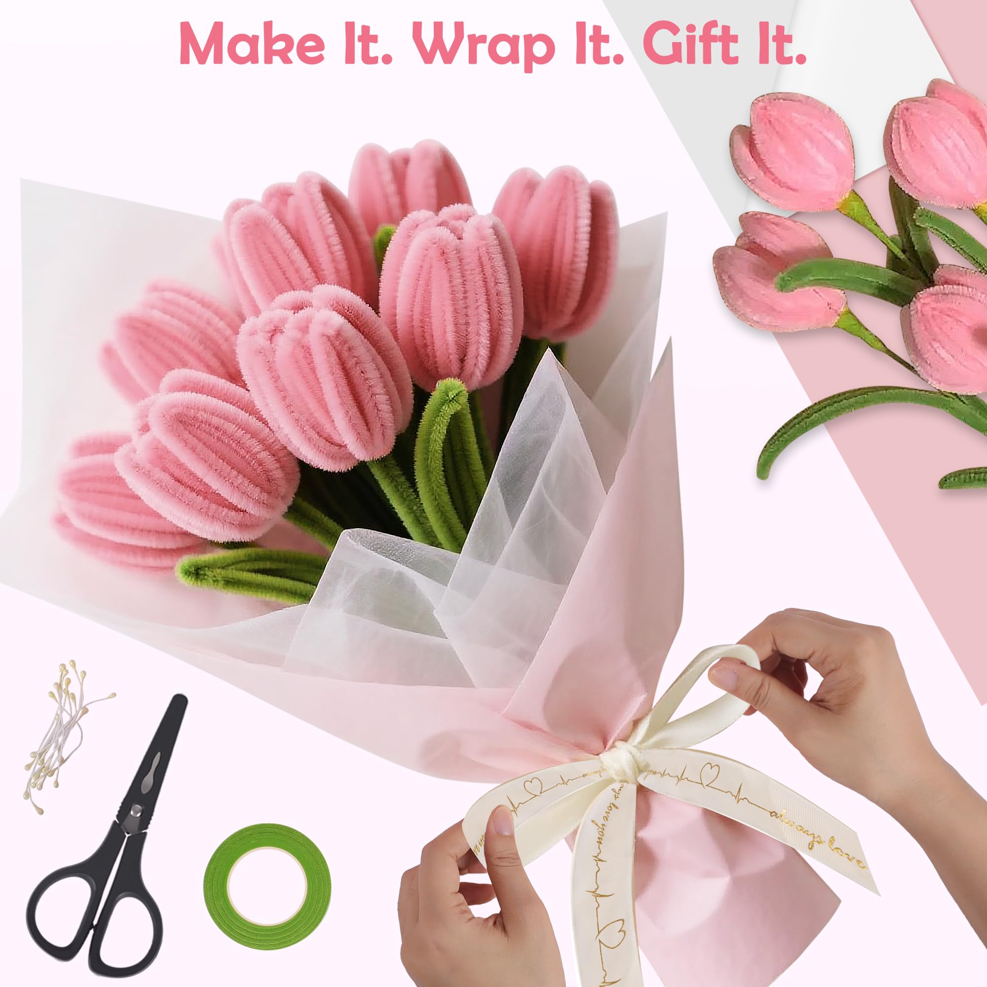500 Pièces Cure-Pipes, 5 Couleurs Fil Chenille pour Fleurs DIY, avec Tiges Florales, Étamines, Ruban Floral, Ruban Satin et Instructions, Loisirs Créatifs, Cadeau Fait Main (Rose)