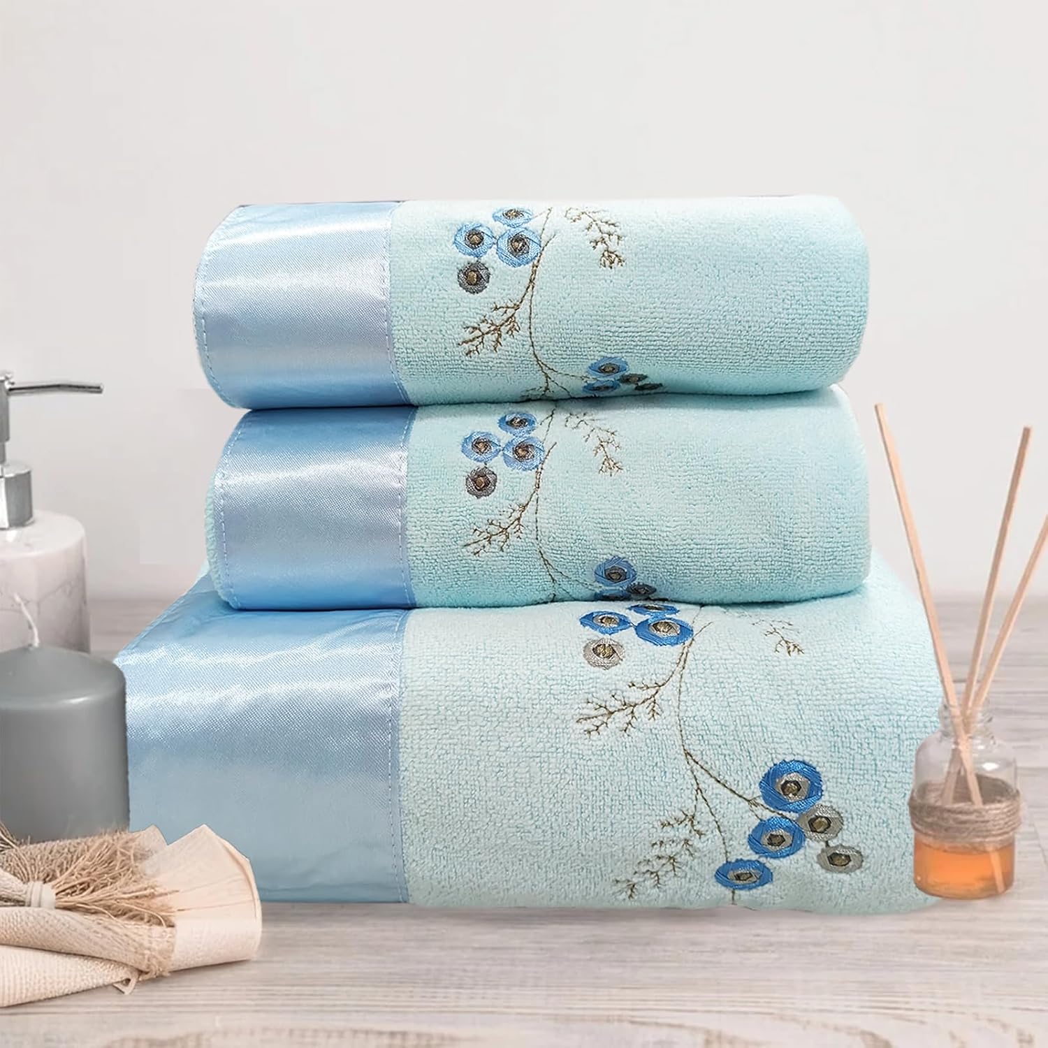 ABREEZE Blue Plum Blossom Embroidered Bath Towel Set,3 Pieces， Fluffy, Soft and Non-Shedding, Suitable for Bathrooms, Gyms and Beaches(1 Bath Towel,2 Hand Towels)