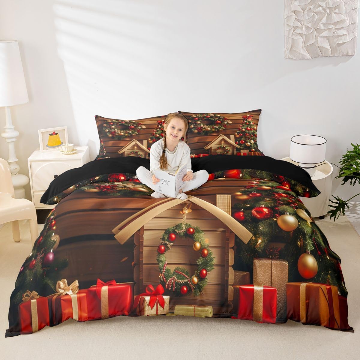 Erosebridal Christmas Xmas Tree Duvet Cover Queen Size Red Present Box Bedding Set for Adults Teens Women Christmas Wreath Ball Red Bow Comforter Cover Mini Wooden Cabin Bedclothes Room Decor image 5