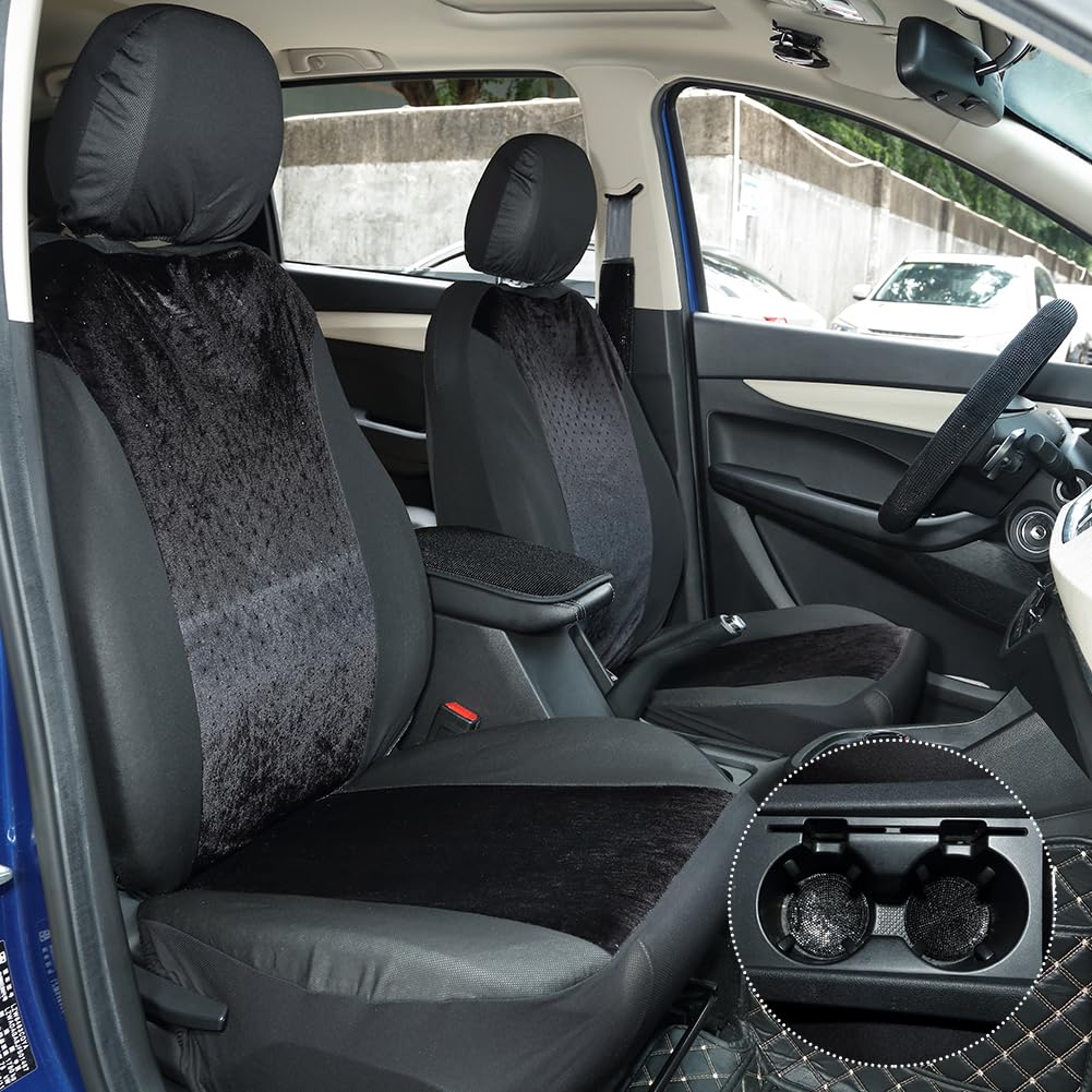 Set 15 Pezzi Accessori Auto Bling Donna - Coprisedili Velluto Traspirante - Coprivolante Cristallo - Dettagli Diamante Nero - Kit Interni Universale - Diamante Nero, Volante 38cm