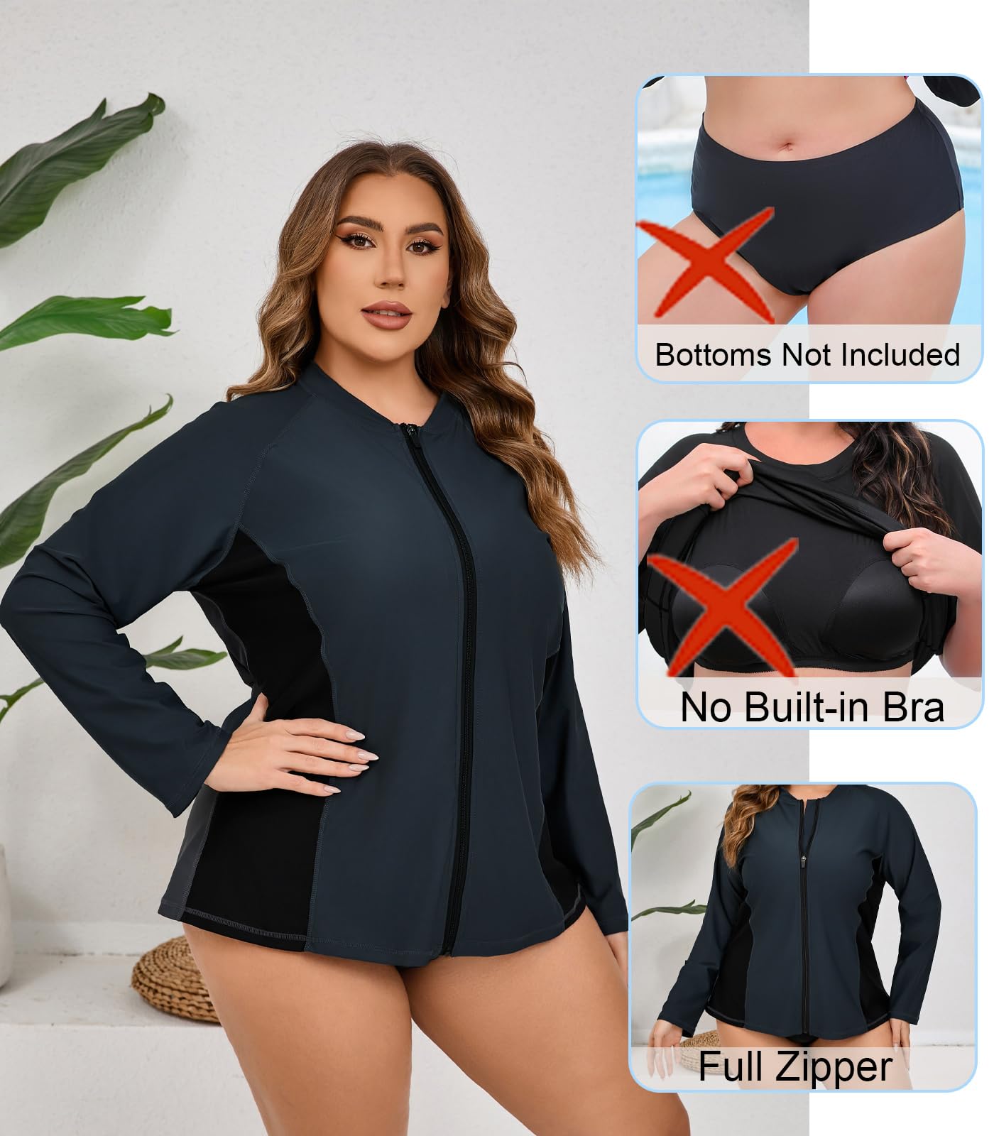 Halcurt Camiseta de manga larga para mujer, talla grande, con cremallera completa, UPF50+, ajuste holgado, traje de baño de secado rápido