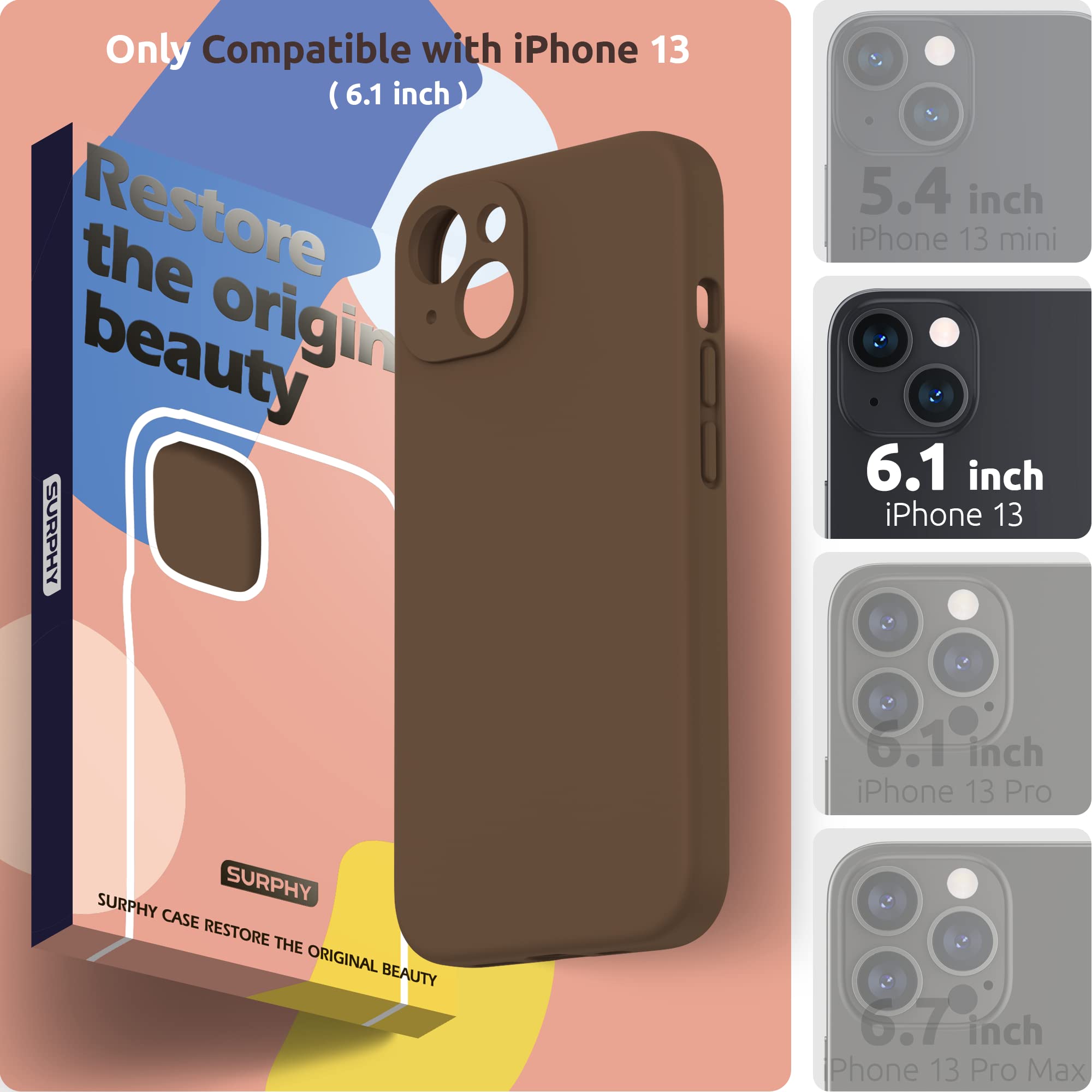 SURPHY Cover per iPhone 13 con Vetro Temperato (6,1"), Custodia per iphone 13 Silicone con Protezione Fotocamera, case protezione Completa,Antiurto, Morbida Microfibra Antigraffio (Marrone)
