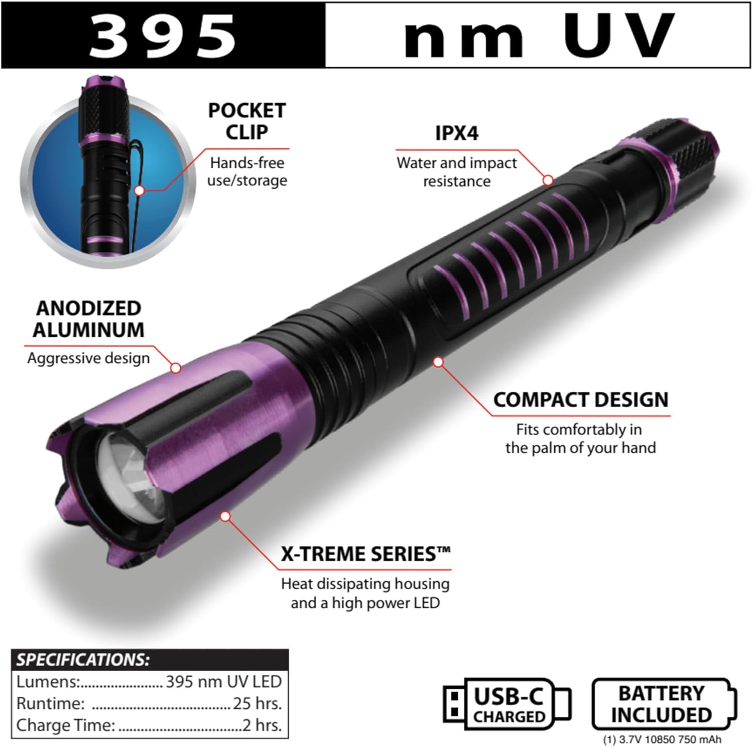 Performance Tool W2622 FIREPOINT-Max Rechargeable UV LED Flashlight, Anodized Aluminum Housing, Included USB-C Cable, ID Verification, Leak Detection, Water-Resistant, Purple