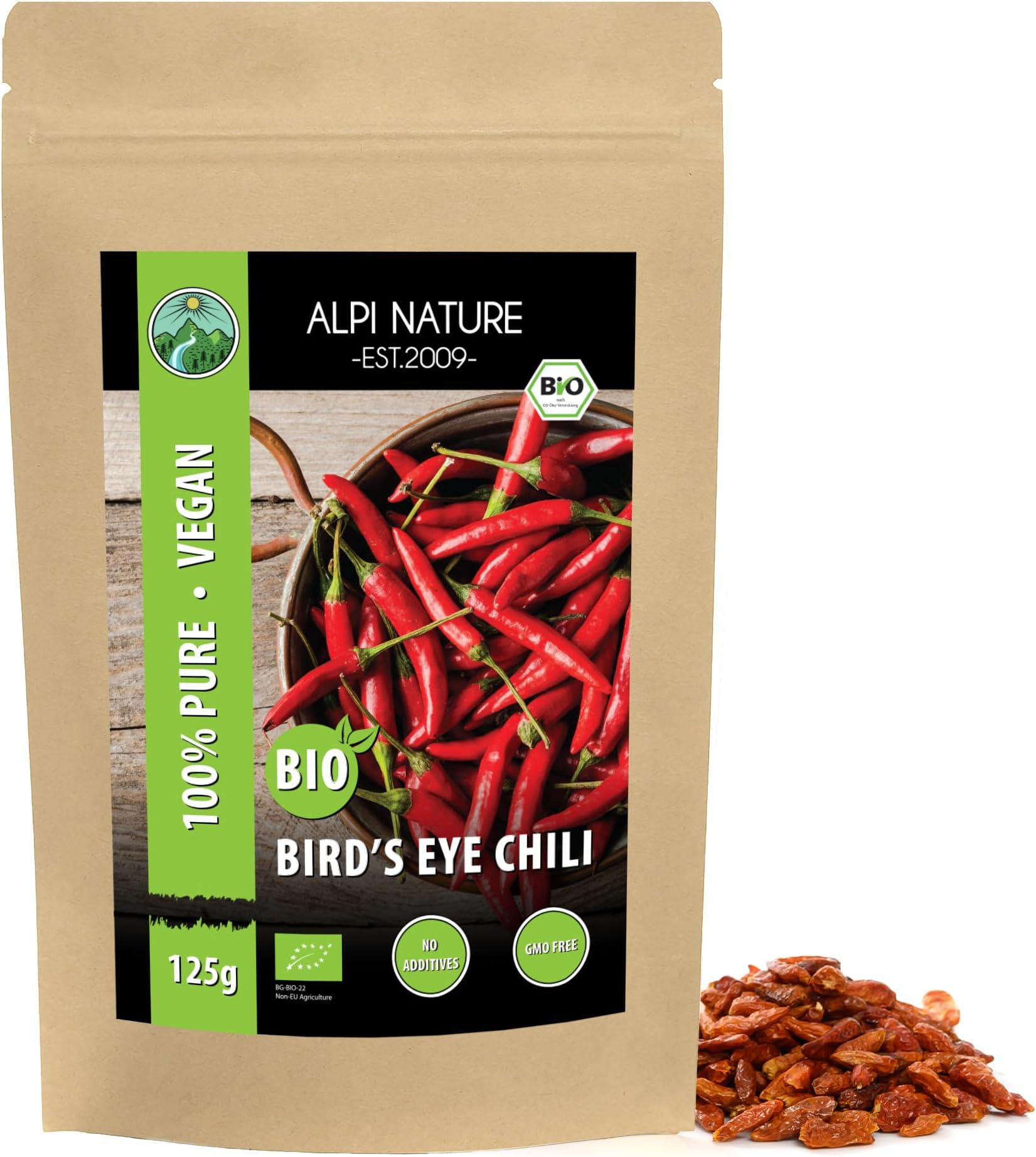 Organic Birds Eye Chillies 125g 4.4 oz by Alpi Nature, Dried Whole Bird's Eye Chilli Peppers 15-30mmEU Organic