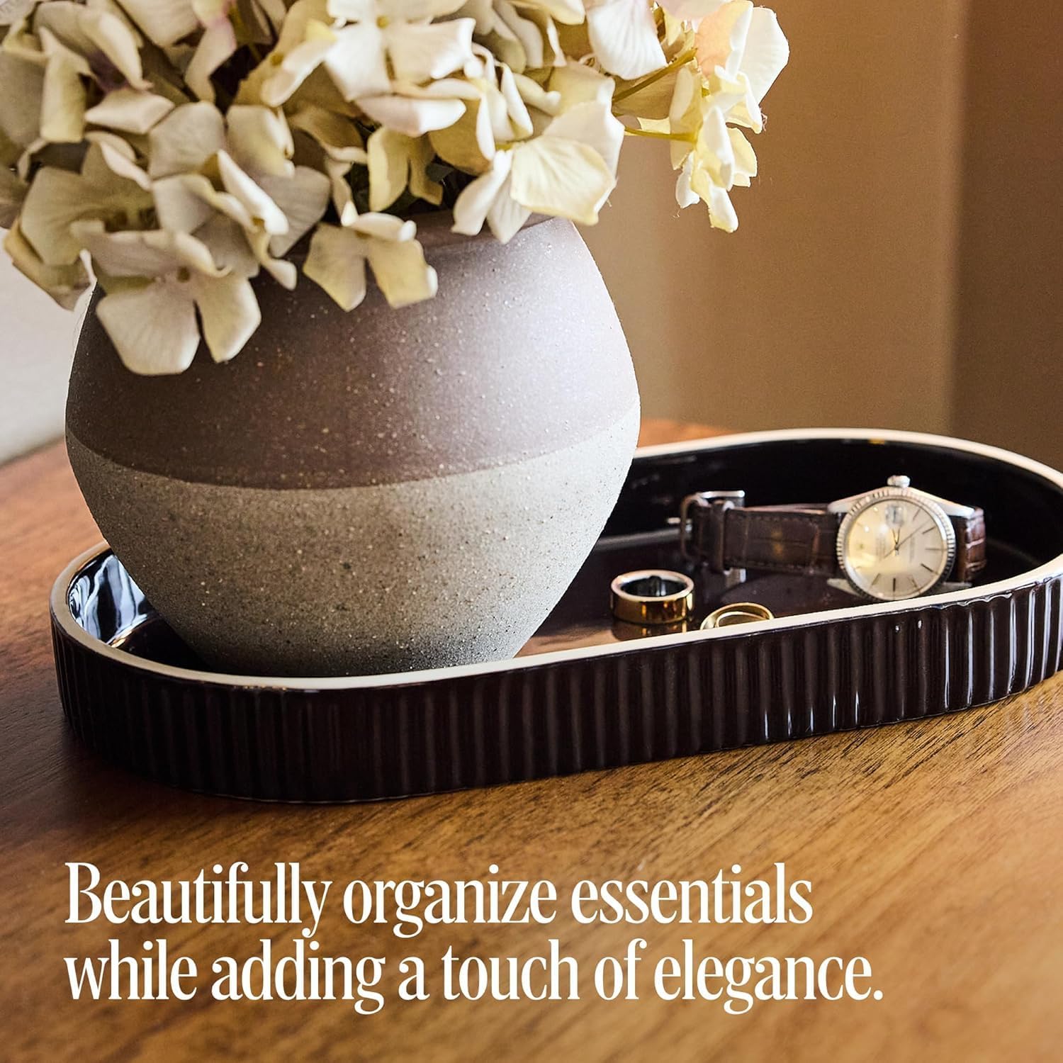 Preston Lane Signature Ceramic Tray – Handmade in Portugal with Fluted Edges & Hand-Painted Trim – Decorative Organizer or Home Accent, Large, Ink