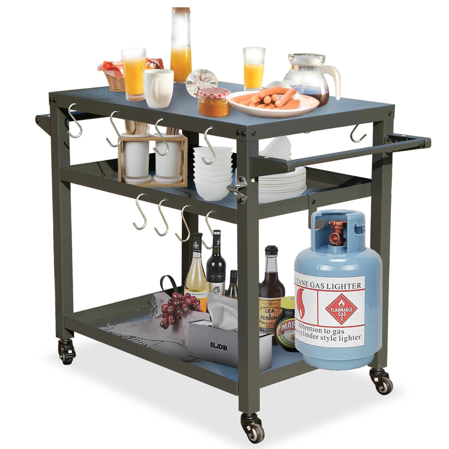 Domi 3-Shelf Outdoor Grill Table, Grill Cart with Wheels, Pizza Oven and Food Prep Table, Blackstone Griddle Stand with Propane Tank Hook for Outside