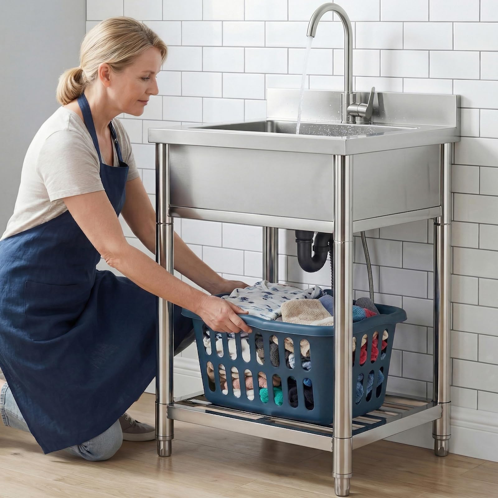 stainless steel commercial kitchen sink, free standing, single bowl sink basin with cold & hot water faucet, indoor and outdoor sink, 21.7 in