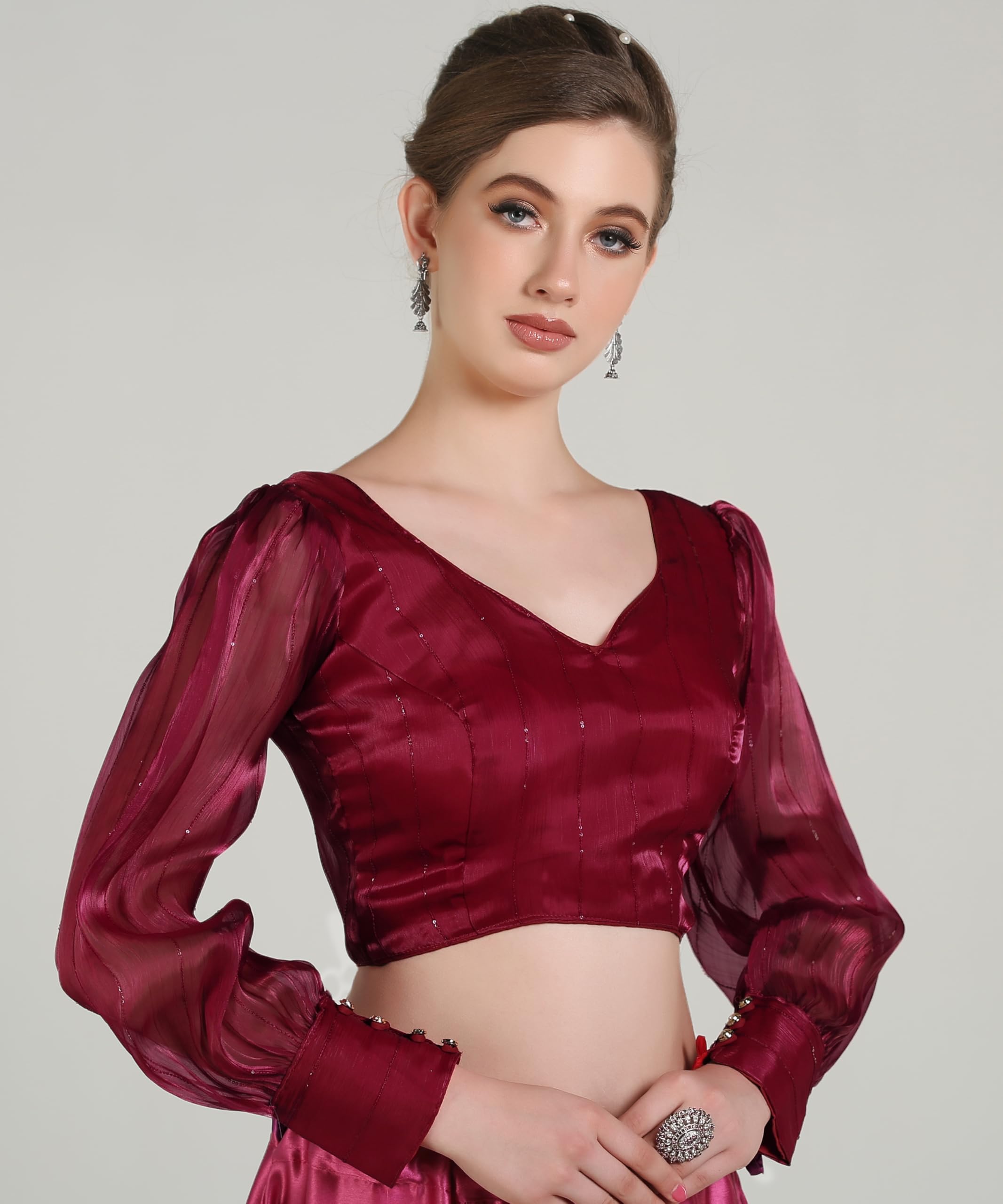 Pujia Mills Woman Wine Designer Zimi Chu Slub Shining Material With Sequnace Work Blouse