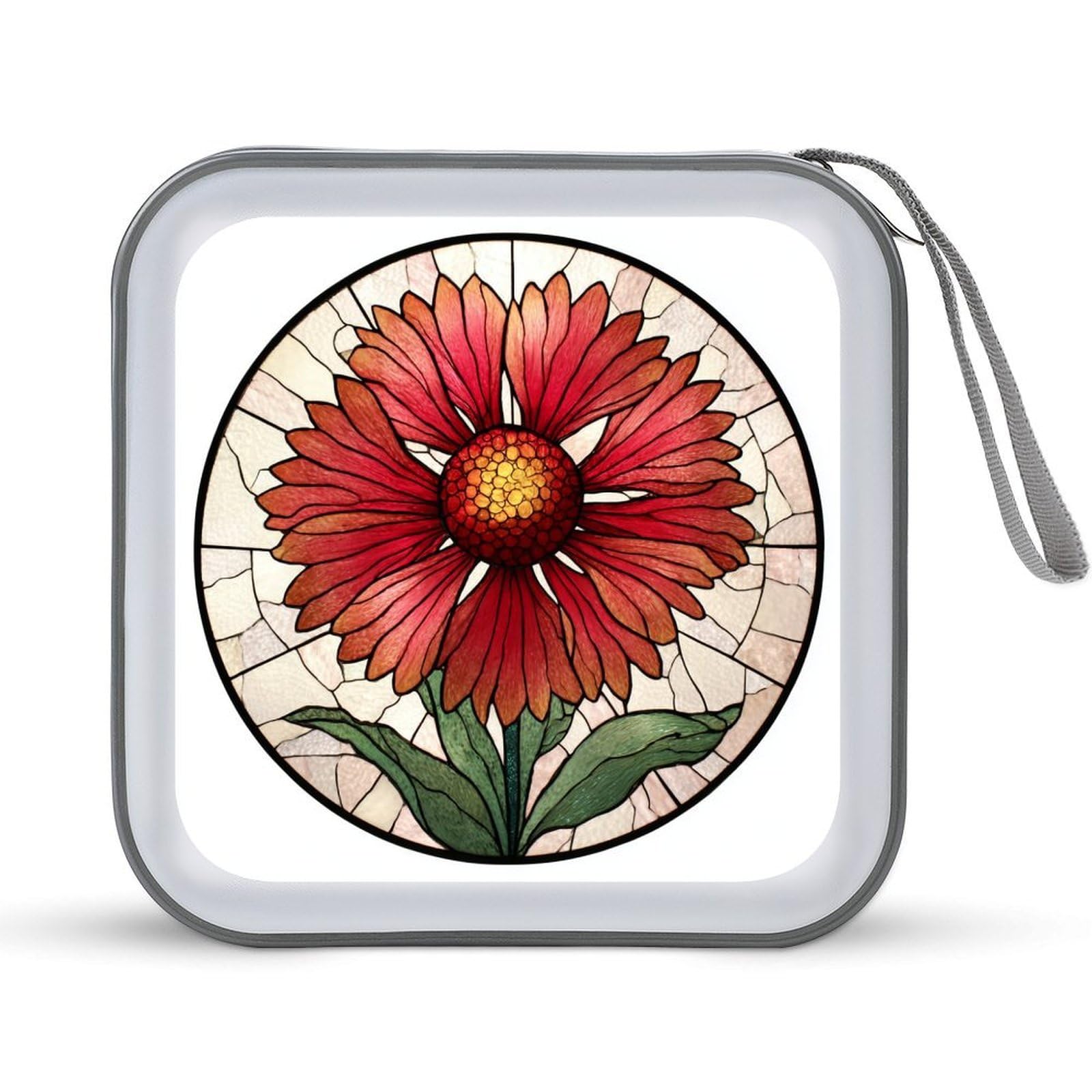 Jubonexis Stained Glass Indian Red And Pink Wildflower CD Case DVD Storage Case Portable for Car Home Travel