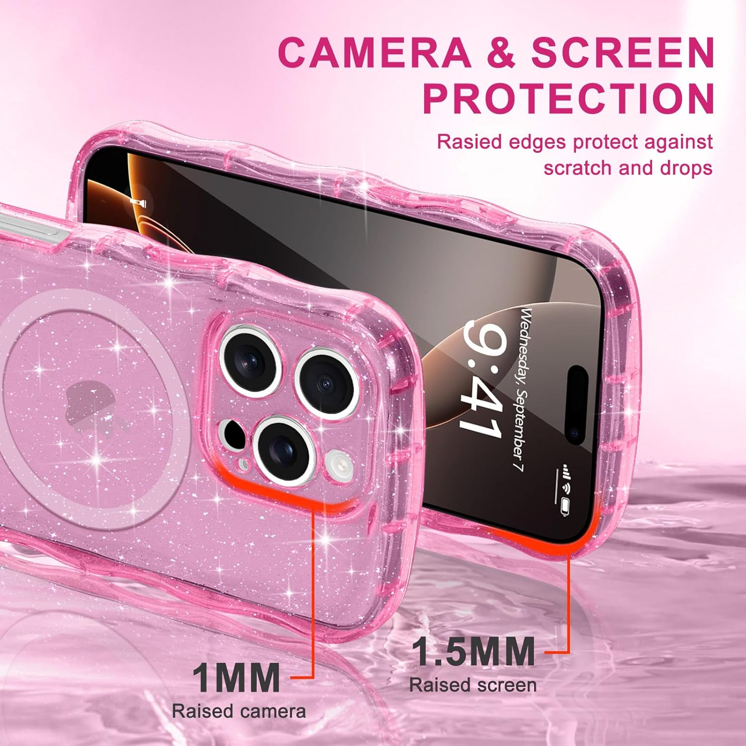 Magnetic for iPhone 16 Pro Max Case Clear, Sparkly Bling Glitter Cute Curly Wave Bumper Cover for Women Girls Compatible with MagSafe TPU Shockproof Phone Case for iPhone 16 Pro Max, Hot Pink - Image 4