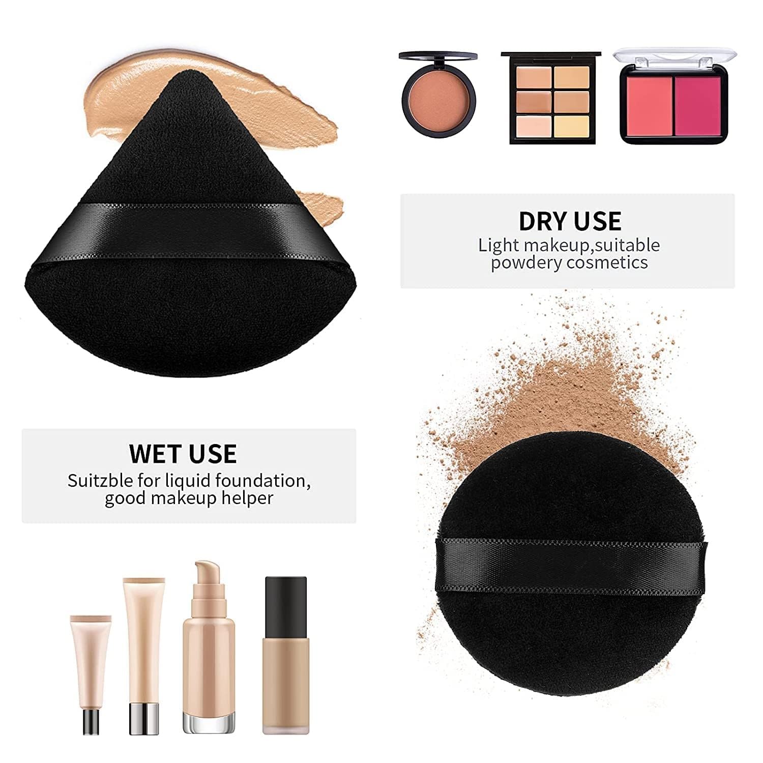 Beautiflame Triangle Powder Puffs Triangle Round Cosmetic Powder Puff Washable Reusable Soft Powder Sponge Wet Dry Makeup Tool (ROUND & TRIANGLE) 3