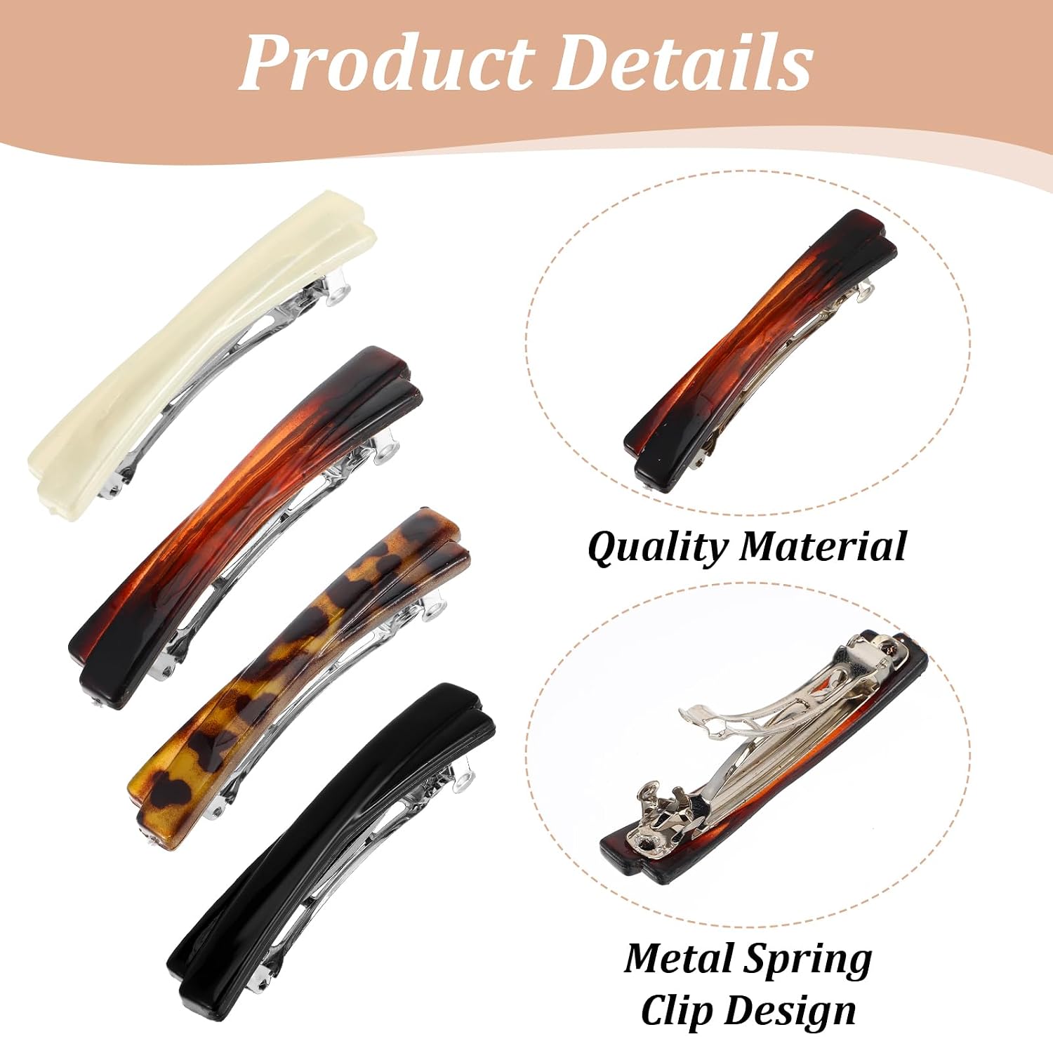8 Pcs French Barrette Hair Clips for Women, Small Tortoise Shell Curved Glossy Thin Fine Flat Hair Barrettes 2.56 Inch Black White Leopard Color Amber
