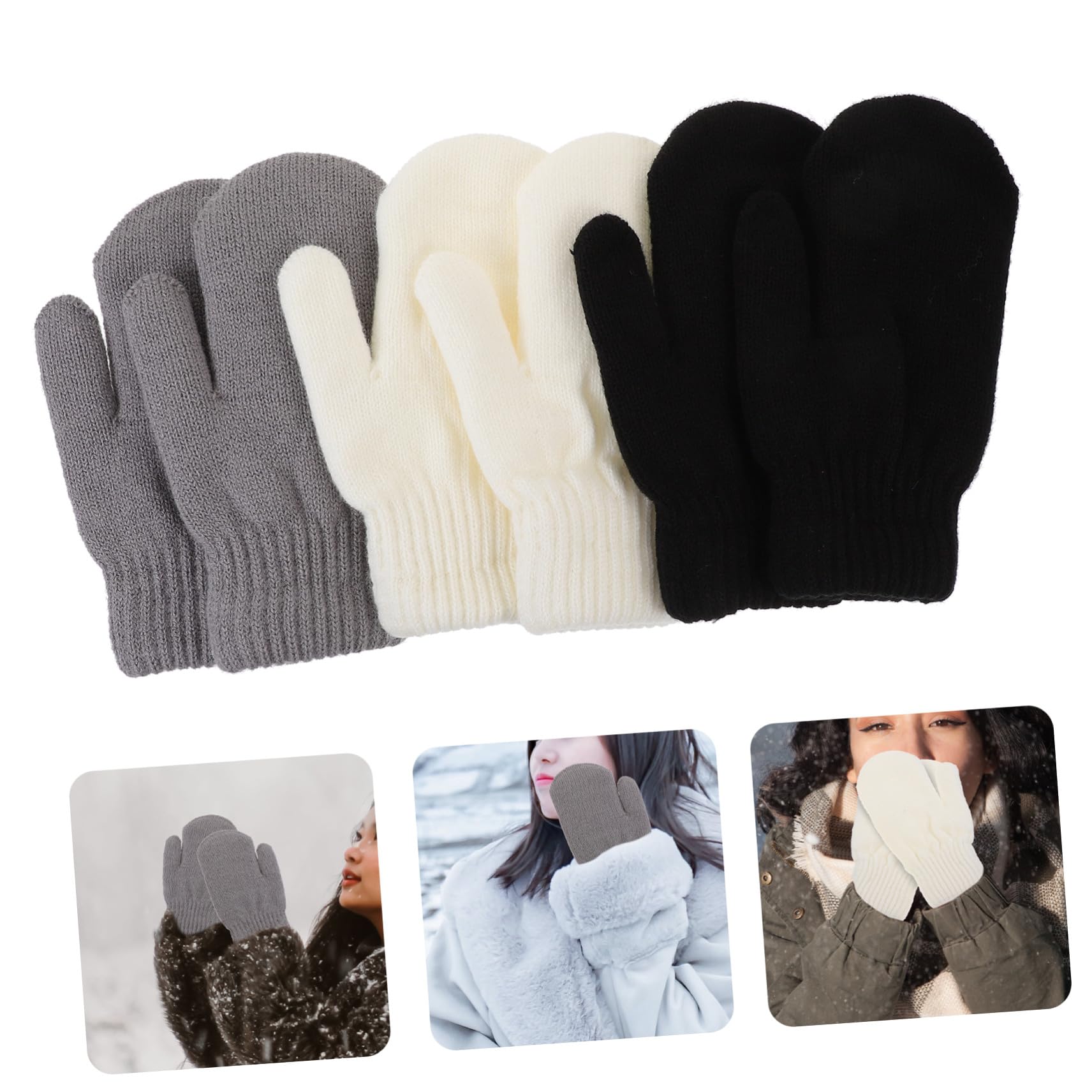 Mitones de Lana Acrílica, 3 Pares, Gruesos y Cálidos para Invierno | Acolchado Doble, Tejido Transpirable, para Trayectos y Esquí, Pensado para Niñas y Niños