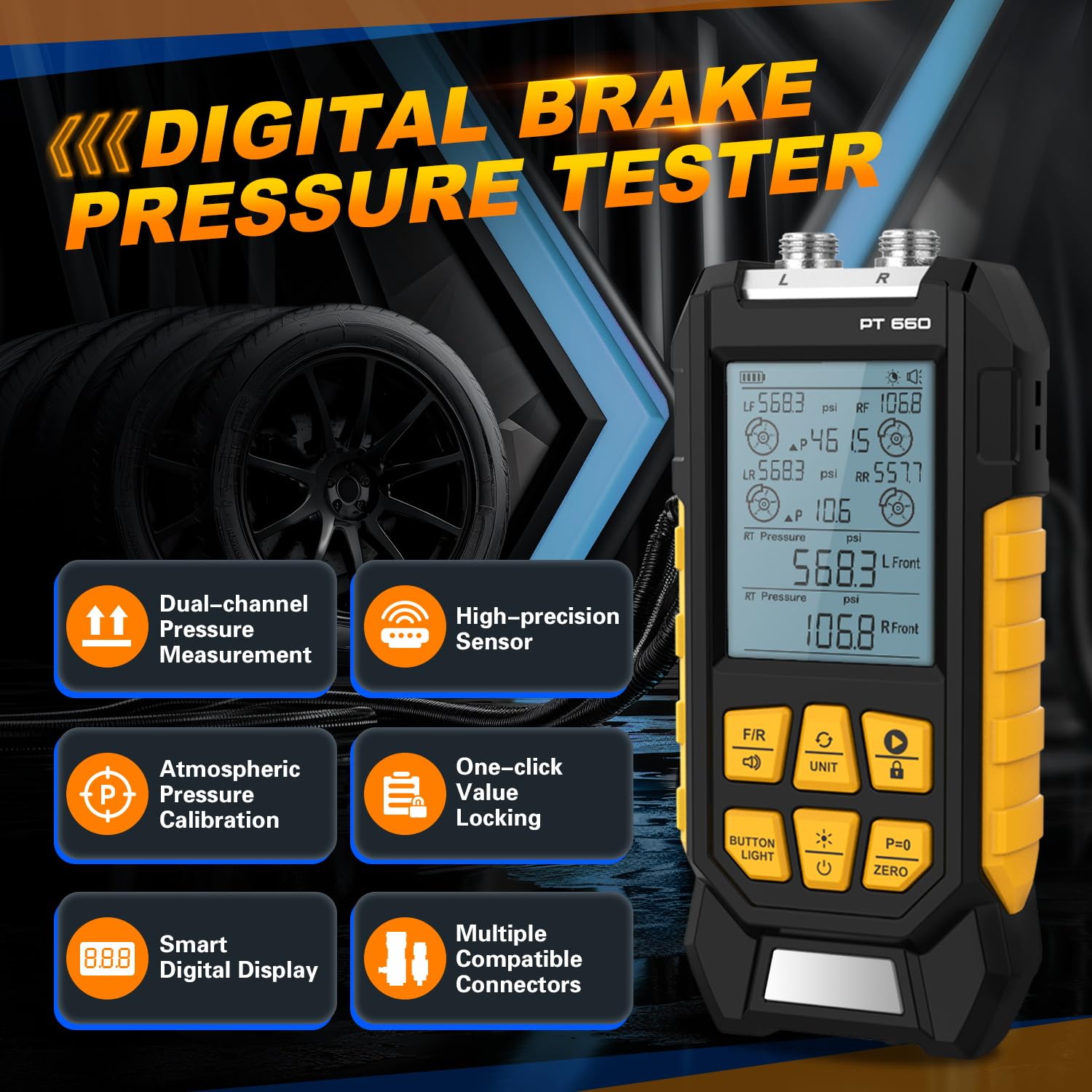 Brake System Pressure Tester,Brake Pressure Tester,Brake Pressure Tester Kit,Handheld Manometer,Dual-Channel Pressure Measurement,Data Locking&Zeroing,Multiple Connectors,PT660