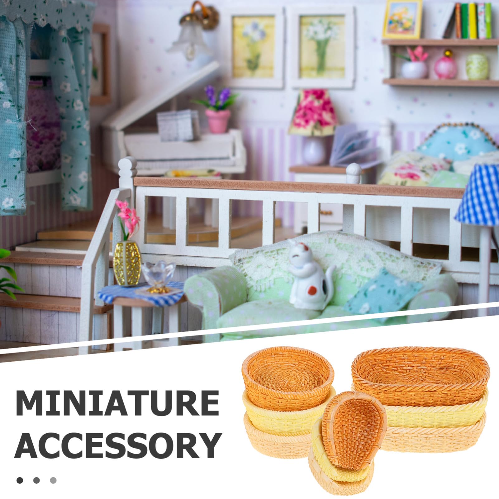 UPKOCH 1/12 Scale Miniature Rattan Basket Set including Lid Woven Dollhouse Accessories for Miniature Kitchen and Picnic Decoration 9 Pieces for Dollhouse Scenes - Image 3