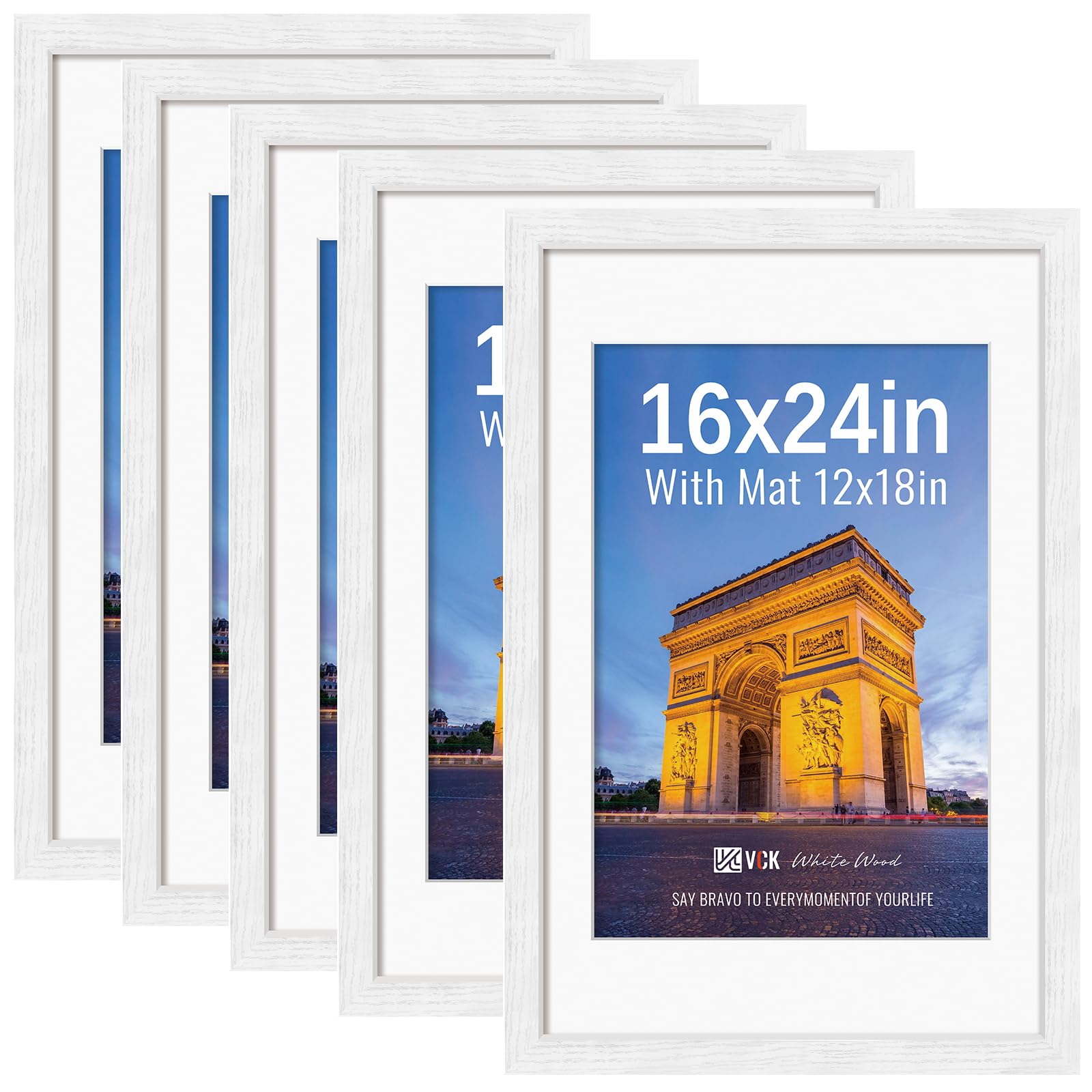 VCK 16x24 Picture Frame 5 Pack, White Exclusive Wood, 12x18 Mat, for Print