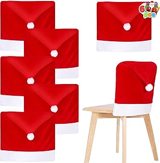JOYIN 6 Pcs Christmas Chair Covers, Red Hat Chair Slipcovers, Santa Claus Chair Back Covers for Christmas Holiday Festival Decoration, Xmas Decorations Indoor Home Décor