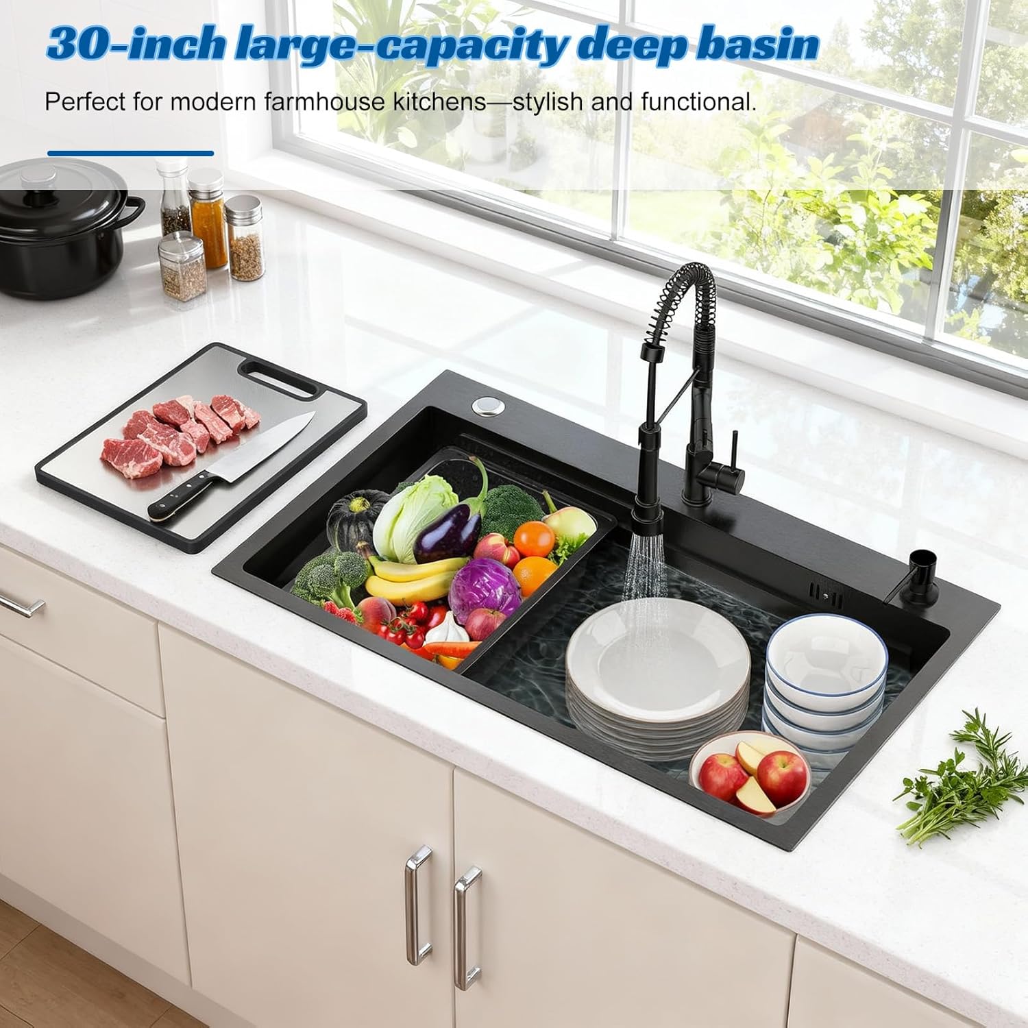 Kitchen Sink 30 Inch Workstation Undermount Kitchen Sink Stainless Steel Single Bowl with Nano Coating & Integrated Ledge Accessories Set Cutting Board Drain Basket & Soap Dispenser (Stainless Steel)