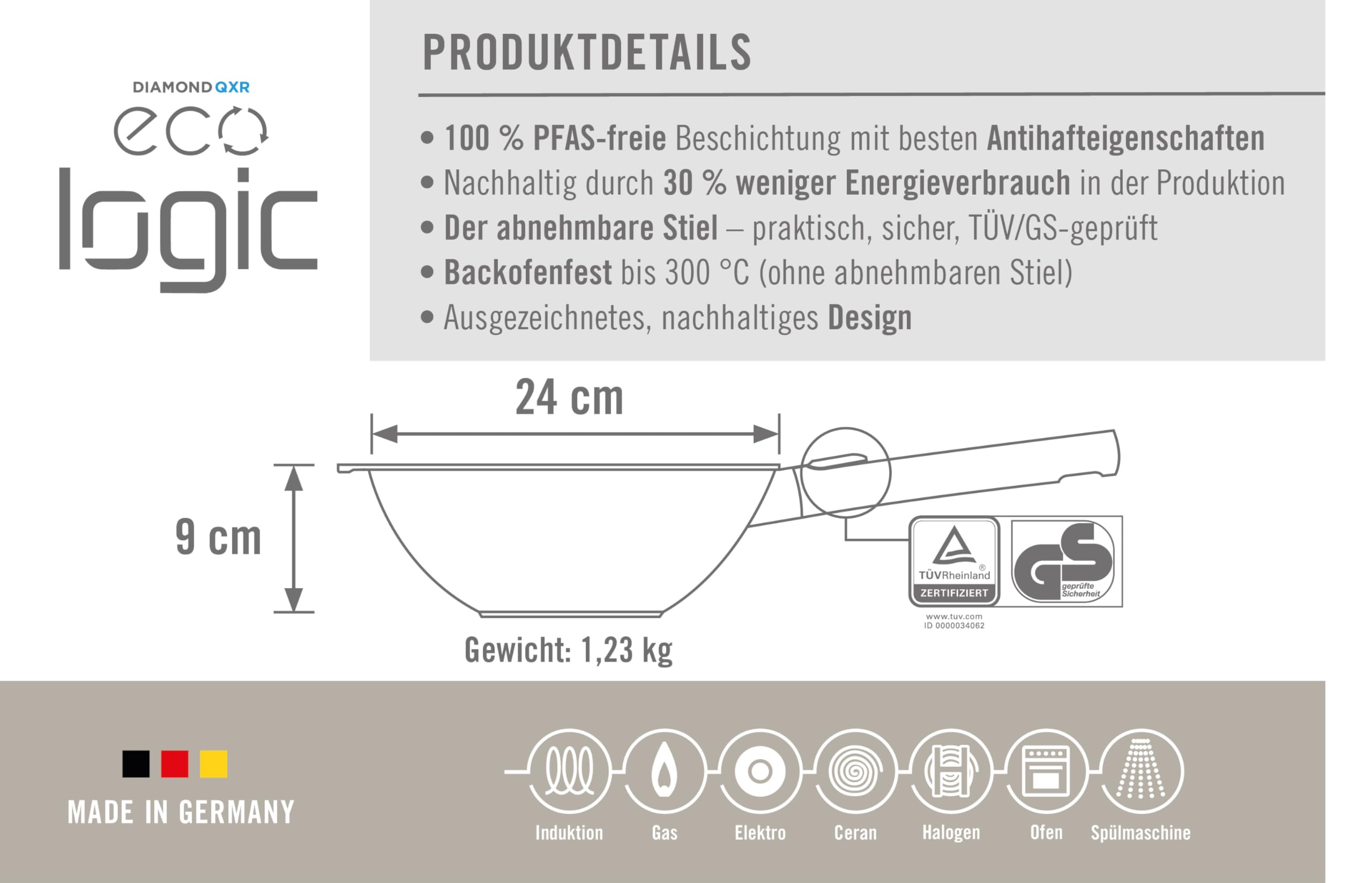 Woll Eco Logic QXR Wok- und Rührpfanne und Rührpfanne - Induktiv -, Ø 24 cm, 10 cm hoch, mit abnehmbaren Stiel - Geeignet für alle Herdarten, PFAS-frei, Antihaft-Versiegelung