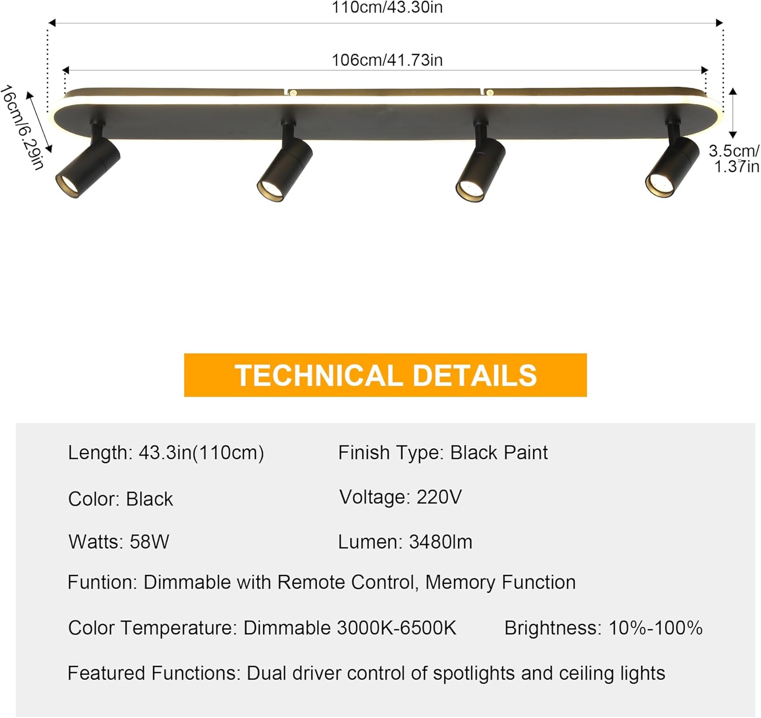 مصباح سقف LED 4 سبوت لايت 58 واط باللون الأسود، قا...