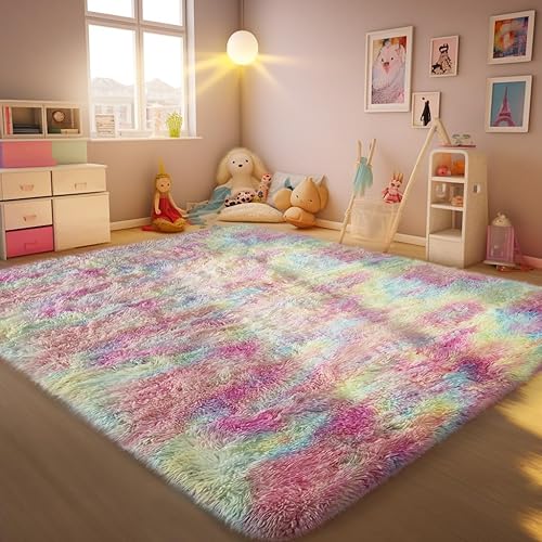 Ophanie Alfombras de área coloridas de arcoíris para dormitorio y niñas, alfombra de unicornio de 4 x 6 pulgadas, mullida y peluda, suave y linda,