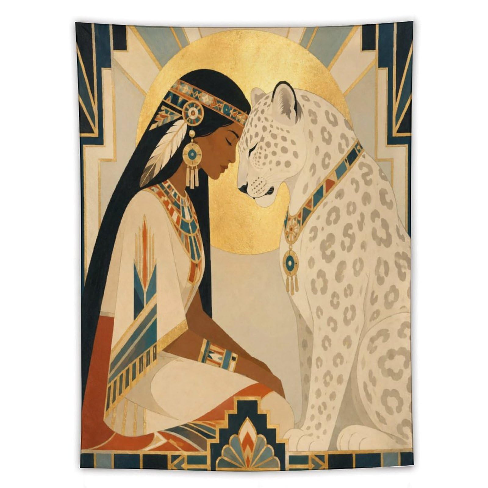 W7C8U2X3 Woman and White Leopard Wall Tapestry, Geometric Art, Backdrop
