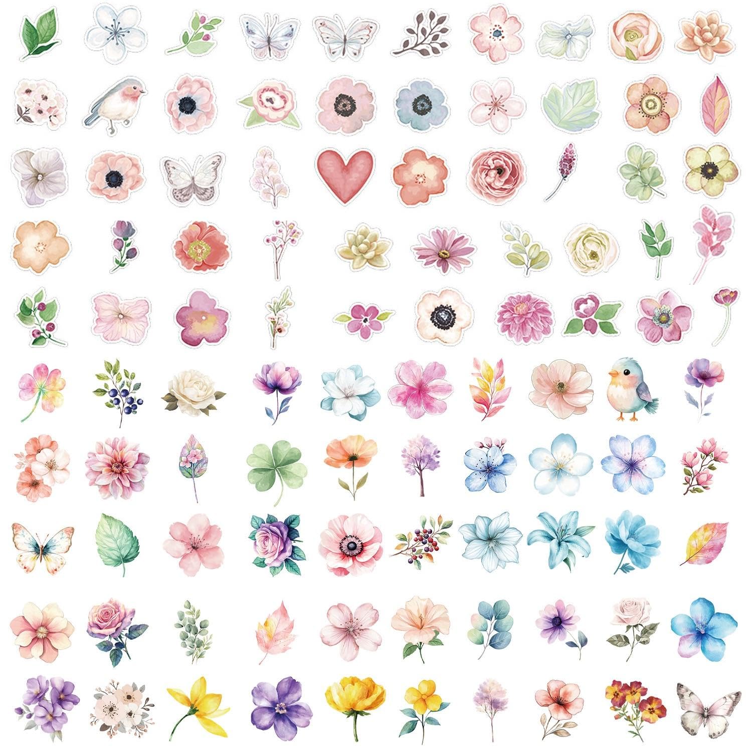 TVSVKWE 100 Floral Stickers, Waterproof Stickers, Aesthetic Stickers, Can Decorate Water Bottles, Skateboards, Suitcases, Bicycles.
