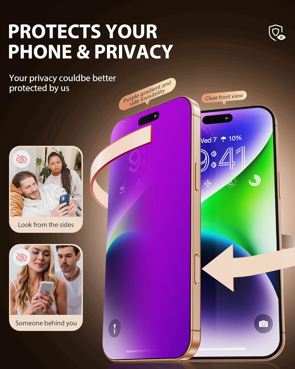 Compatible for iPhone 17 Pro Privacy Screen Protector 6.3 Inch, Purple Gradient Anti Spy Anti Blue Light HD Tempered Glass Easy Installation - Image 4