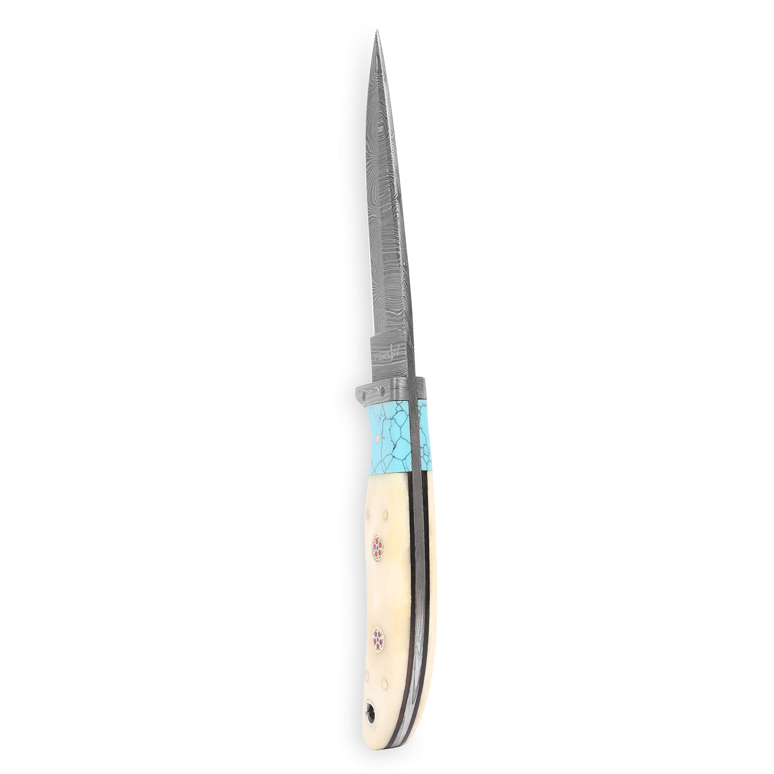 Coltello da caccia effetto damasco fatto a mano, manico turchese in osso.