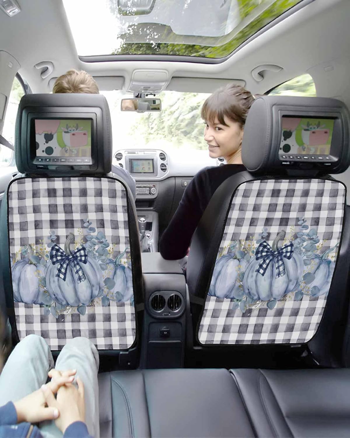 Car Seat Protector, 2 Pack Kick Mats with Organizer - 3 Pocket Storage, Fall Thanksgiving Blue Pumpkin Eucalyptus Leaves Plaid Back Seat Cover for Kids Universal Fit Automotive Interior Protectors