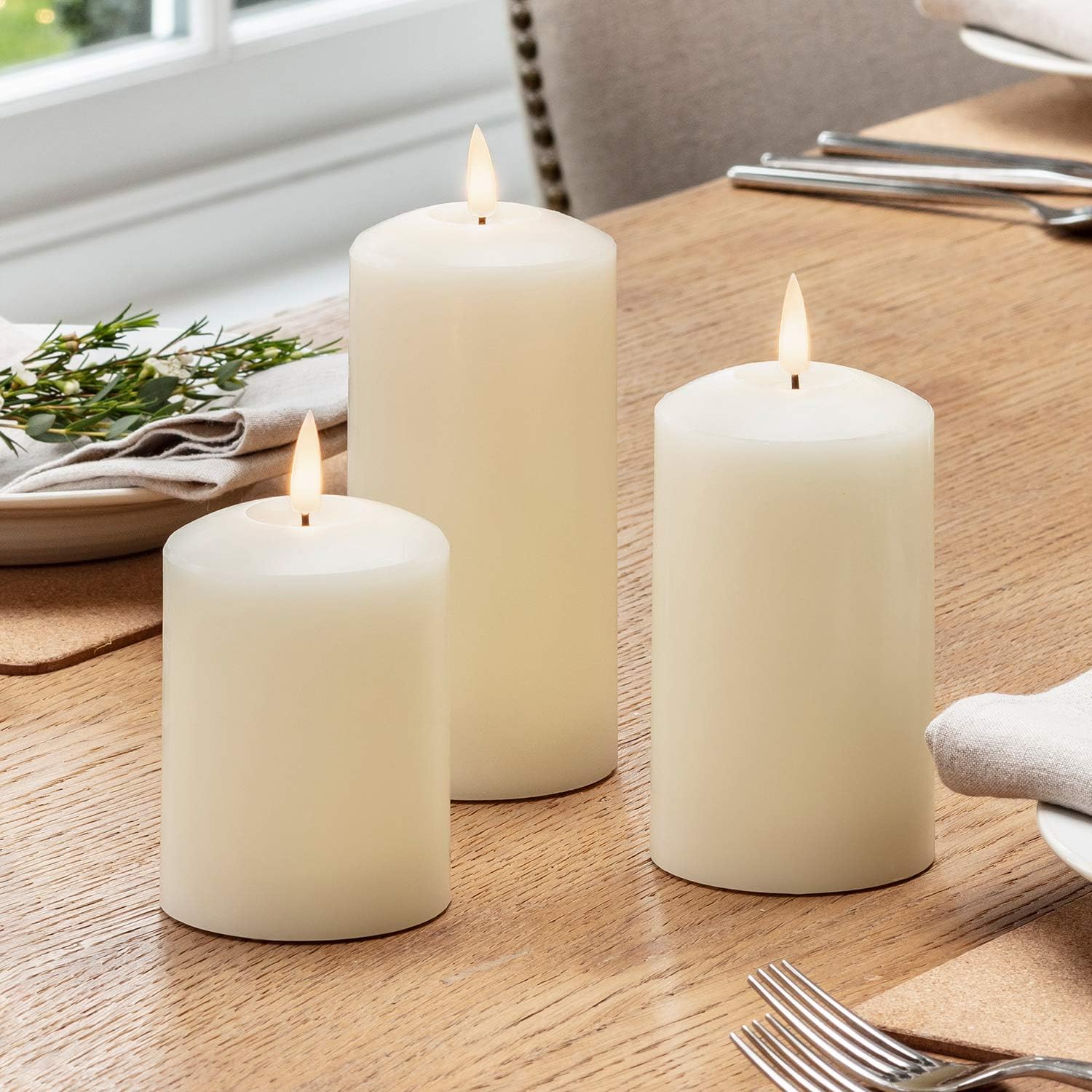 Set of 3 TruGlow® Battery LED Flameless Pillar Candles with Timer & Remote Real Ivory Wax