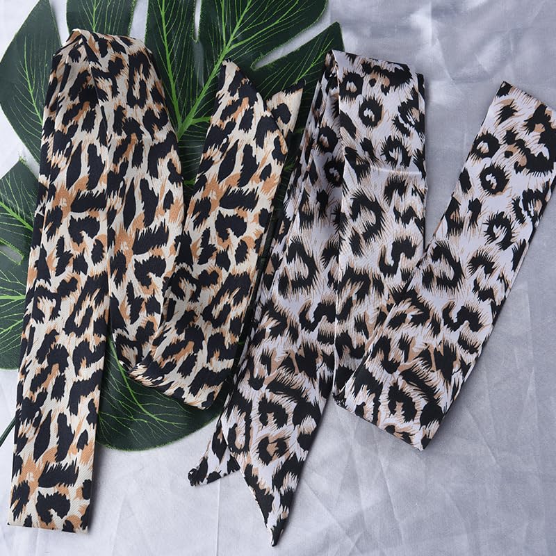 Leopard Print Purse Scarf for Women Handbags Tote Bag Charms Leopard Scarf Silk Long Neckerchief Skinny Scarf Thin Sacrves for Hair Scarf Tie for Ponytail Accessories Christmas Gift Scarf Set 2 Pcs2