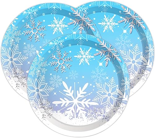 Miniatura 2 de Ipalmay Platos de fiesta de copo de nieve sirven 24, platos de papel desechables con temática de nieve de invierno para Navidad, celebración de