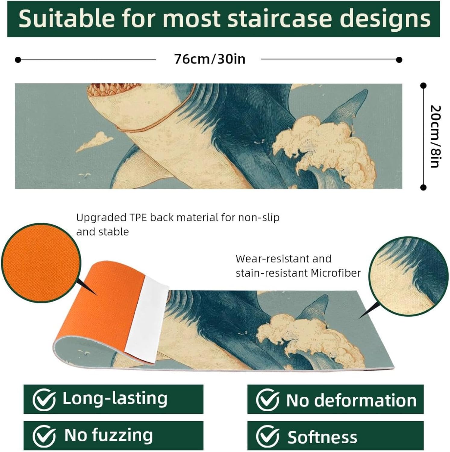 15 Pack Funny Cat Riding Shark Ocean (1) Stair Treads,8" X 30" Non Slip Carpet Stair Treads Reusable Staircase Step Treads Carpet Treads for Wooden Steps Indoor