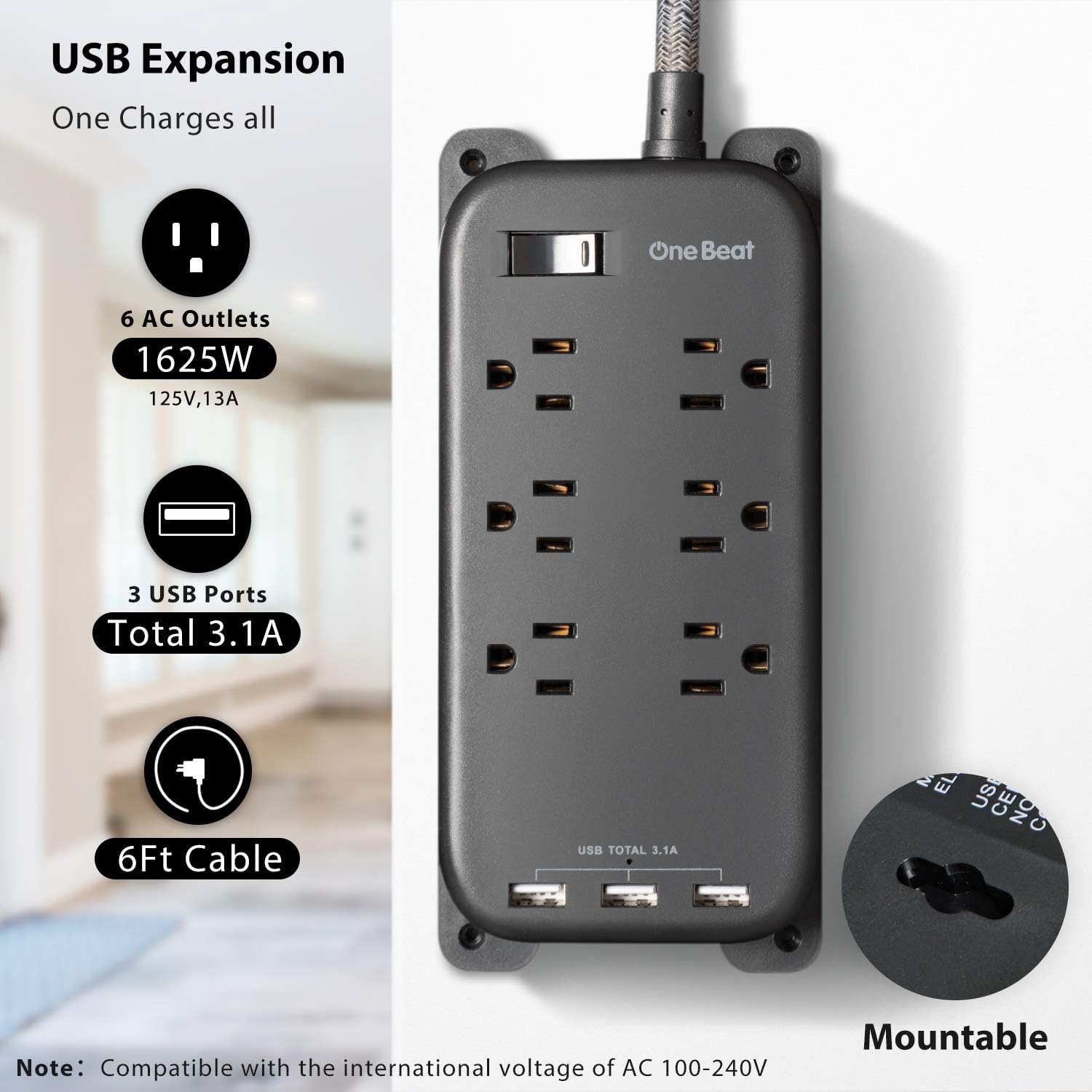 6 Outlets Power Strip with 3 USB (3.1A,15W), One Beat Wall Mountable Power Strip Flat Plug with 6Ft Braided Extension Cord, Overload Protection for Travel Desk Office Home Cruise Ship