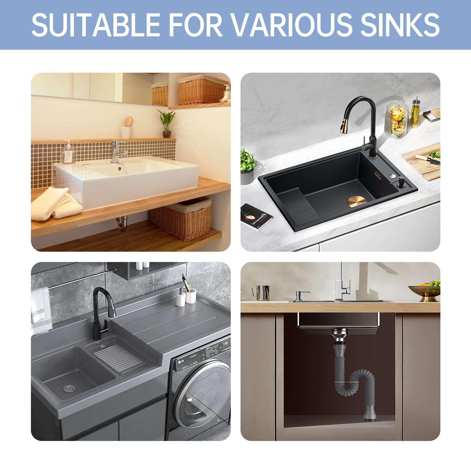 Kit de 2 tubos expandibles flexibles en P (1 1/2 pulgadas o 1 1/4 pulgadas), solución de drenaje para fregadero de cocina individual, incluye anillo de sellado adaptador para eliminación de