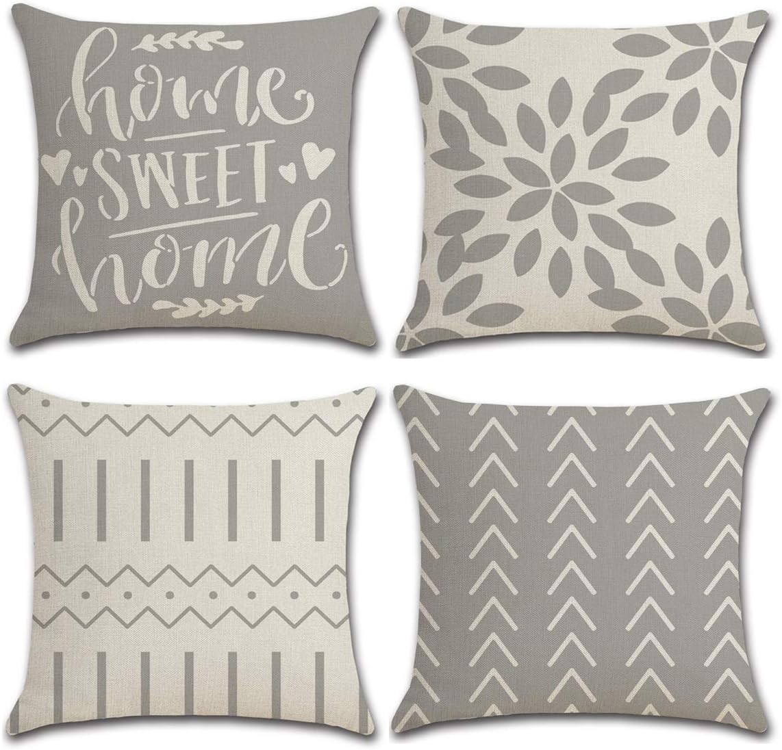 Grey Geometric Throw Pillow Covers Set of 4, 18 x 18 Inch Decorative Geometric Cotton Linen Pillow Covers，Modern Geometric Pattern Printed Home Decorative Pillow Case for Sofa Car Bedroom