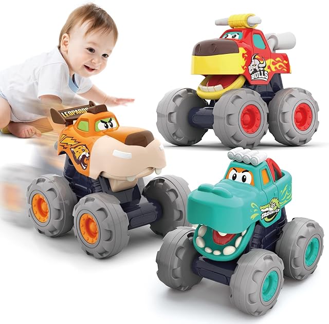 Selfdrivepal 3 Pack Monster Trucks Cars - Toddler Toys Pull Back & Friction Powered Cars ,Toys Cars for 1 2 3 Year Old Boys Girls ,Gifts for Age 1 2 3 , Baby Toy 12 Months
