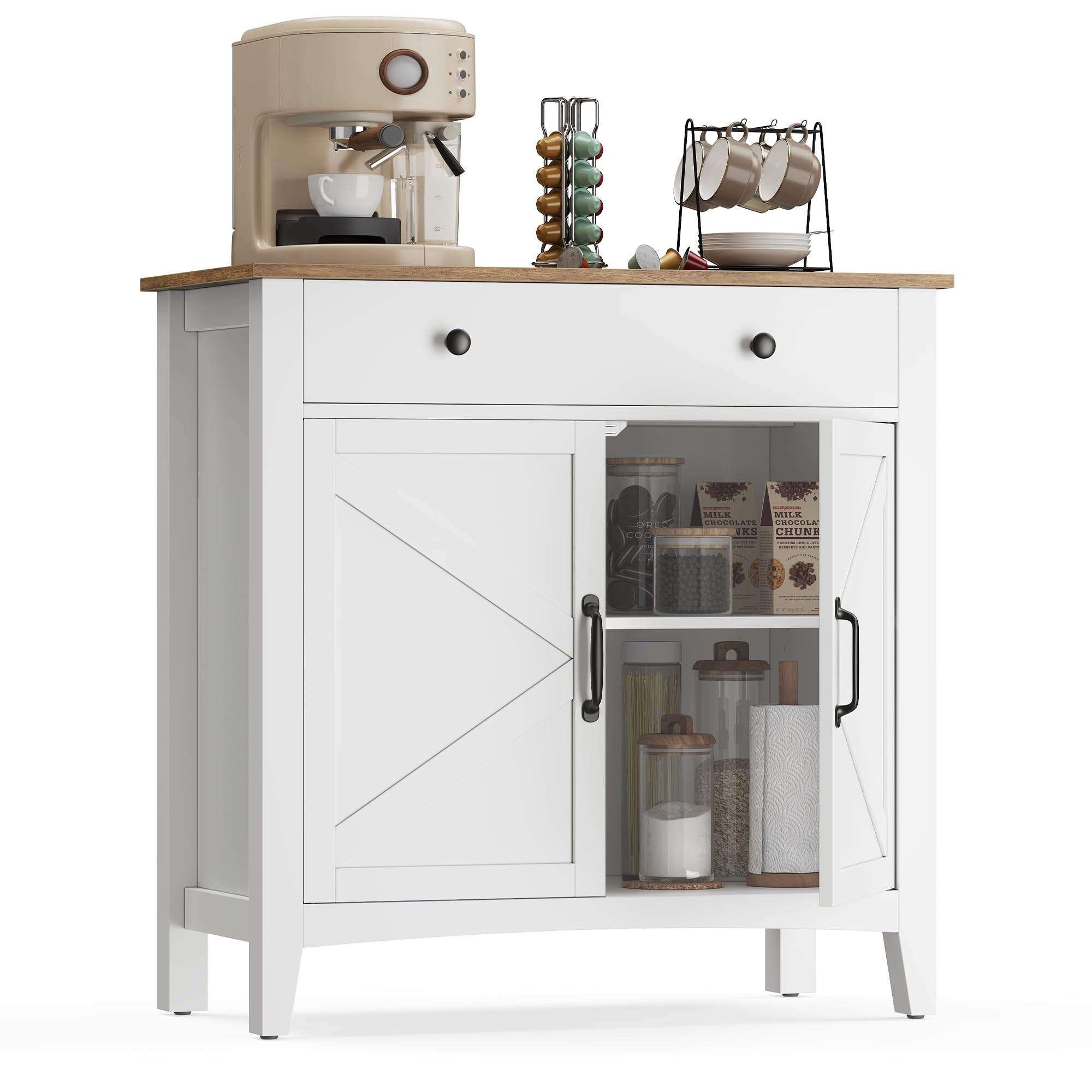 VASAGLE Küchenschrank, Sideboard mit Schubladen, Aufbewahrungsschrank mit Türen, verstellbare Ablage, Landhausstil, für Wohnzimmer Küche, 40 x 80 x 80 cm, wolkenweiß-honigbraun BBK341W02