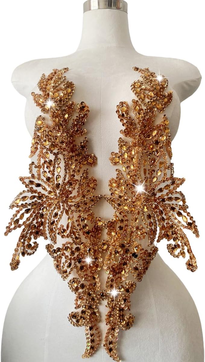 Handmade Rhinestones lace Applique sew on Beads Sequins Trim Patches Accessories for Girl Dress Clothing (Champagne)