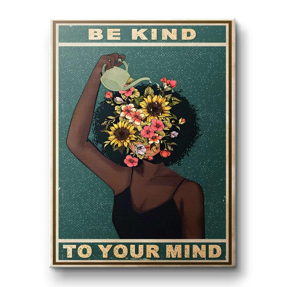 Be kind to your mind Poster, Achtsamkeit mentale Gesundheit Leinwand Bild, Retro Boho Wandbild in grün mit Blumen, Wohnzimmer Schlafzimmer Flur Wanddeko, positive Gedanken Selbstliebe Kunstdruck