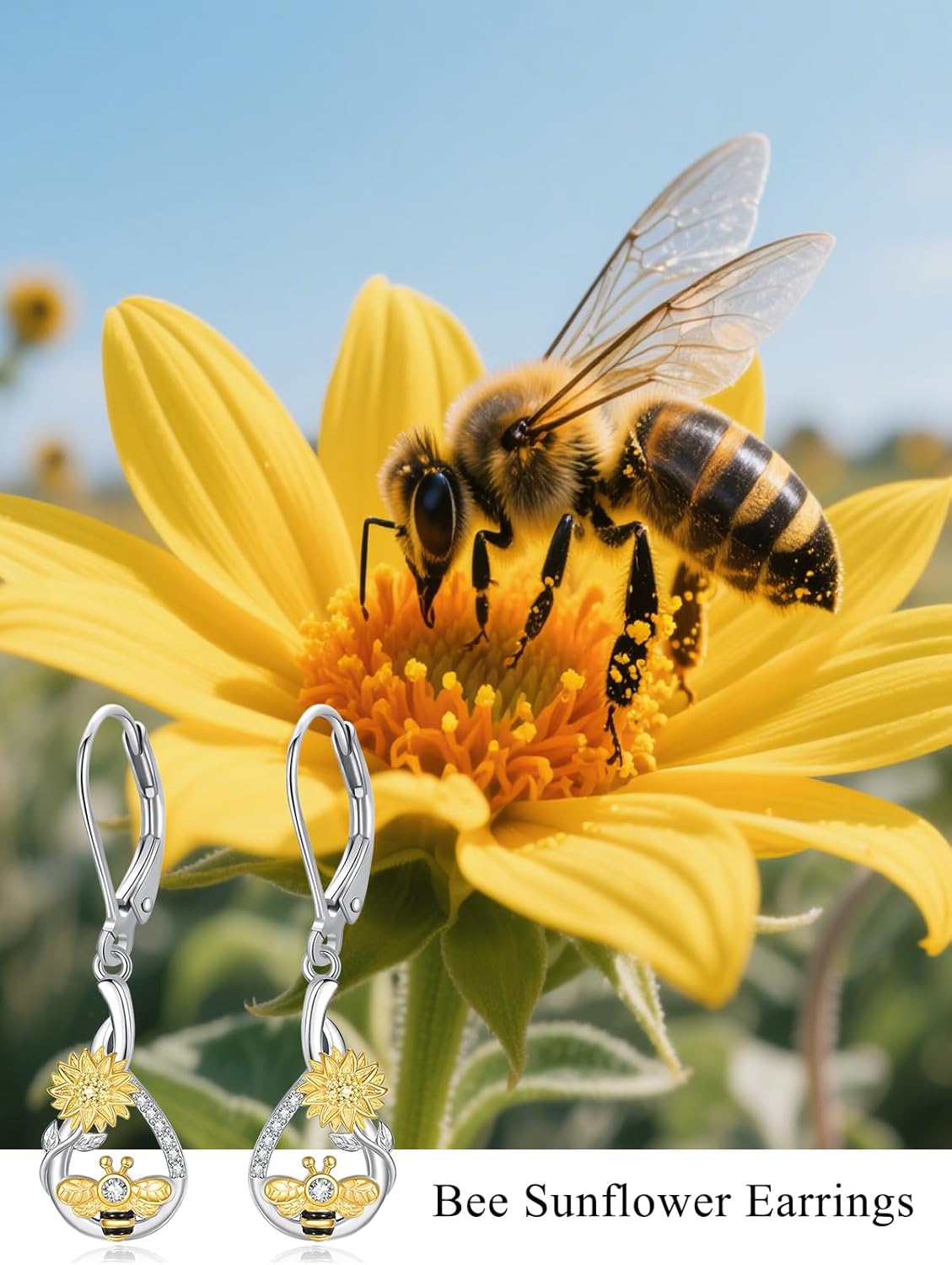 Bee Sunflower Dangle Drop Earrings for Women 925 Sterling Silver Bumble Bees Jewelry Gifts