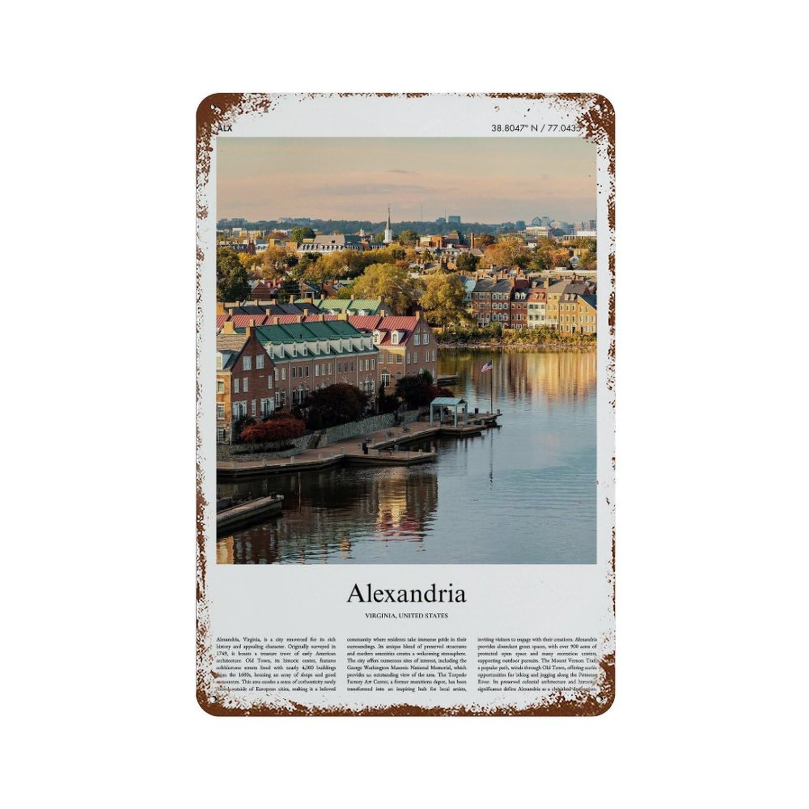 xiaoxiaoshen Alexandria Virginia, United States, USA City Scenery Wall Decor Art Metal Tin Poster Modern Home Decor Art Home Bar Shop Decorations Vintage Sign 30x20cm