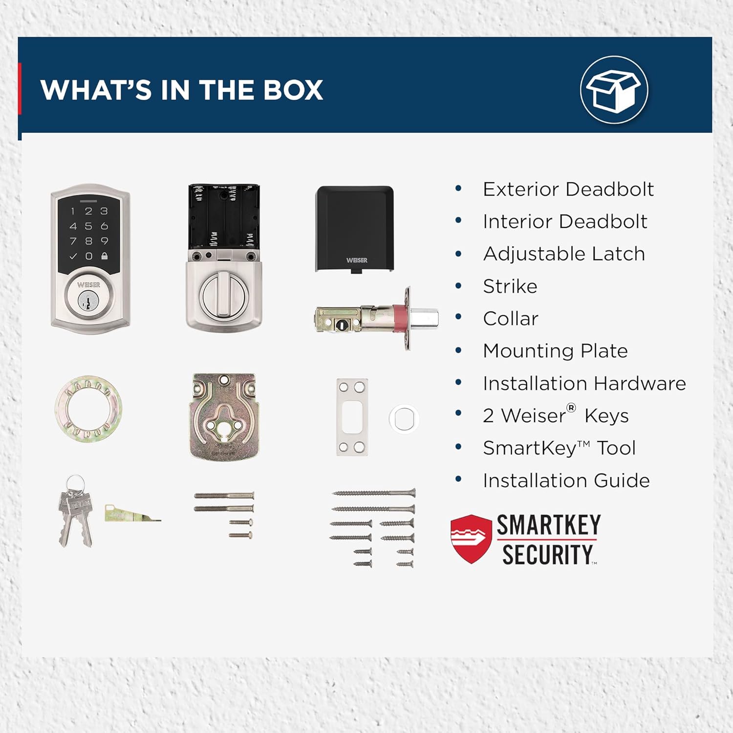 All components included in the Weiser SmartCode Electronic Touchpad Deadbolt package, laid out on a surface.