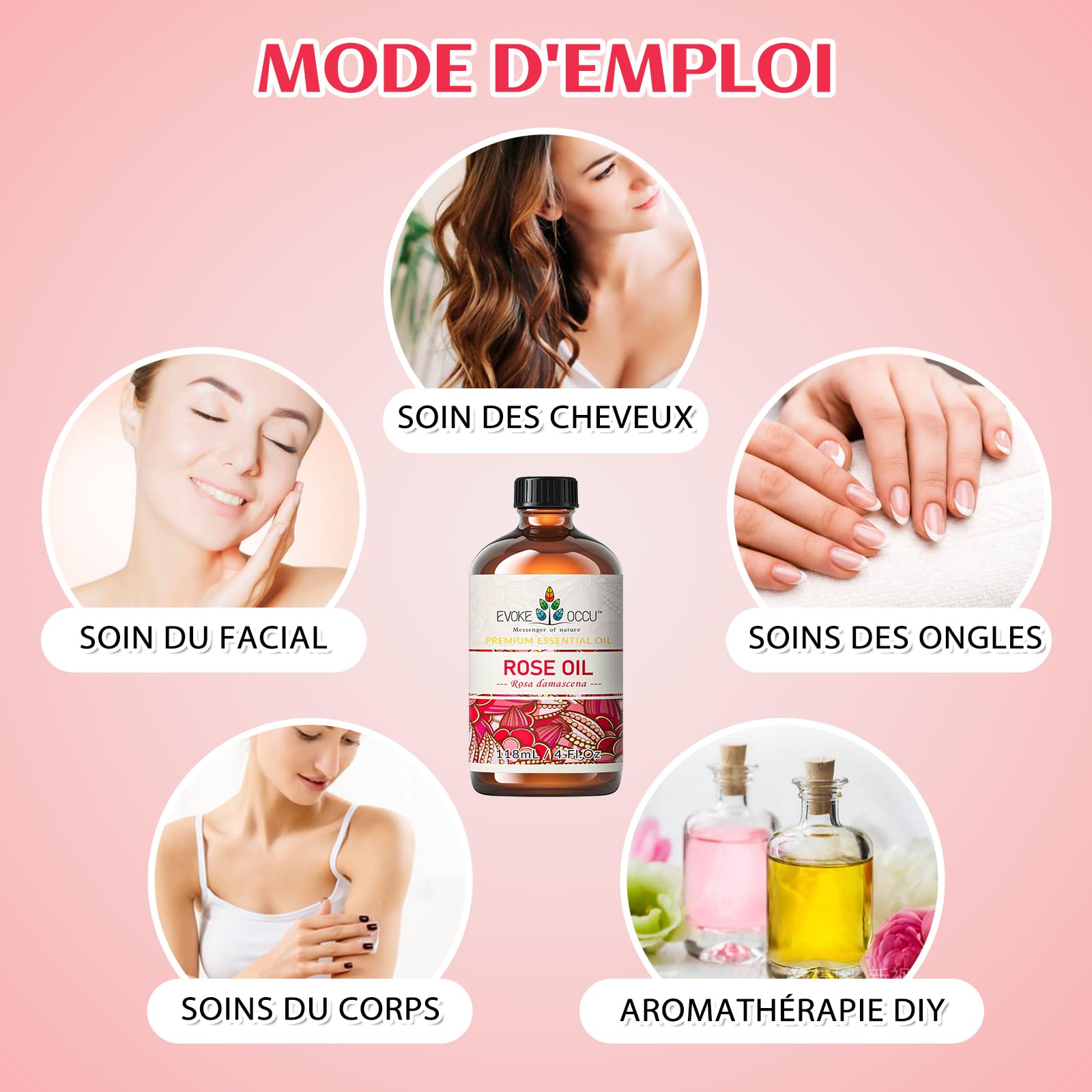 EVOKE OCCU Huile Essentielle Rose 118ml, Huile d'Aromathérapie Naturelle pour Diffuseur, Bougie de Parfum, Massage, Bricolage, Bain et Relaxation - 4 FL Oz
