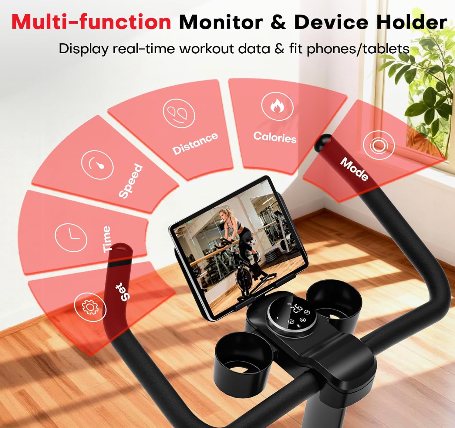 CHAOKE Exercise Bike, Quiet Adjustable Magnetic Stationary Bike for Home Cardio with App Compatible, 350LB Weight Capacity Indoor Cycling Bike with Large Seat, Dumbbell Rack, Pull Cords & LCD Display - Image 6