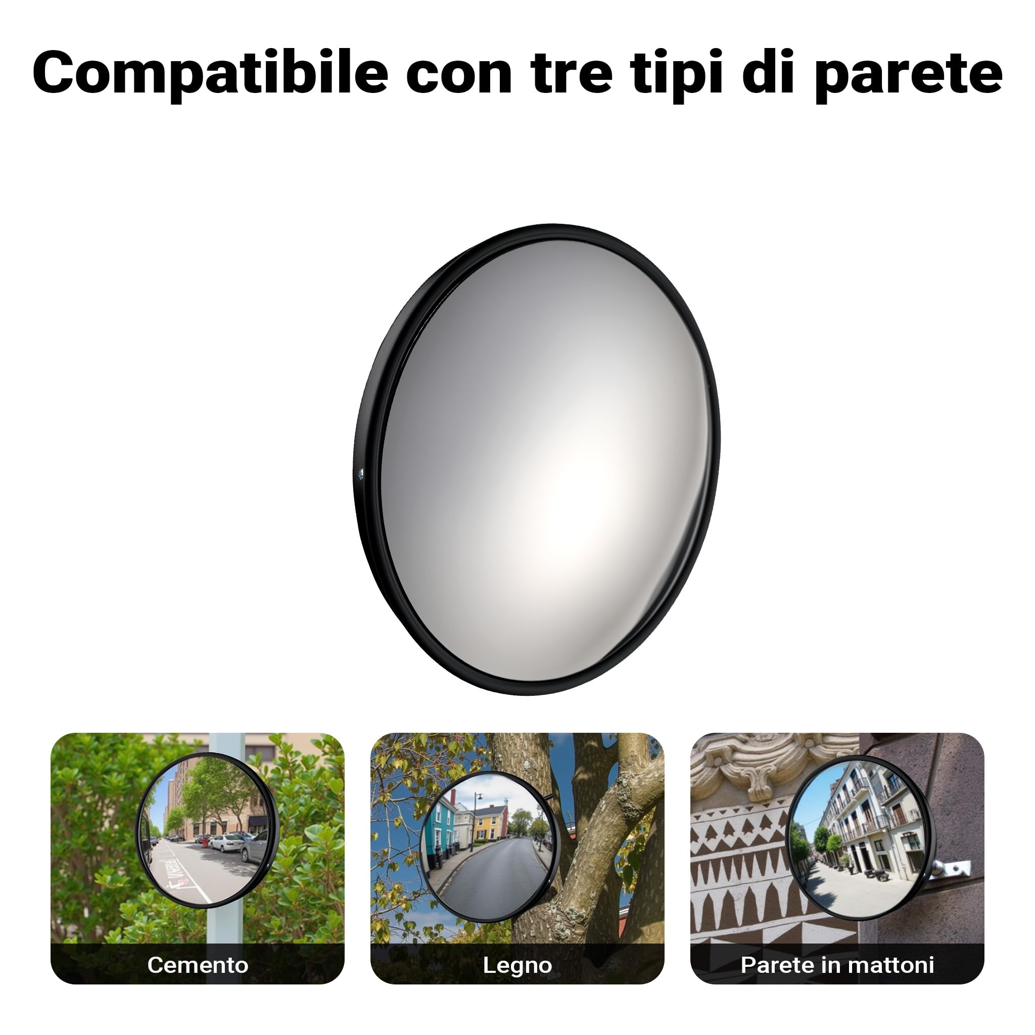 Wiltec Specchio di sicurezza 80 cm convesso nero, dispositivo di sicurezza con forma rotonda e campo visivo di 130°, specchio convesso per interni