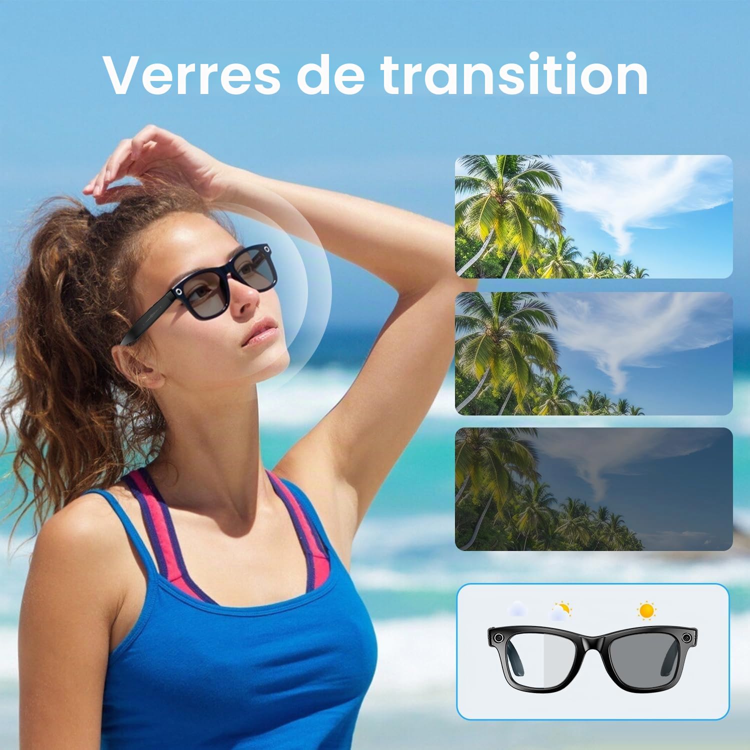 AI Smart Glasses 4K Caméra HD 290mAh 800W Lunettes de caméra avec Enregistrement vidéo, Traduction simultanée/Identification d'objet GPT, lentilles photochromiques