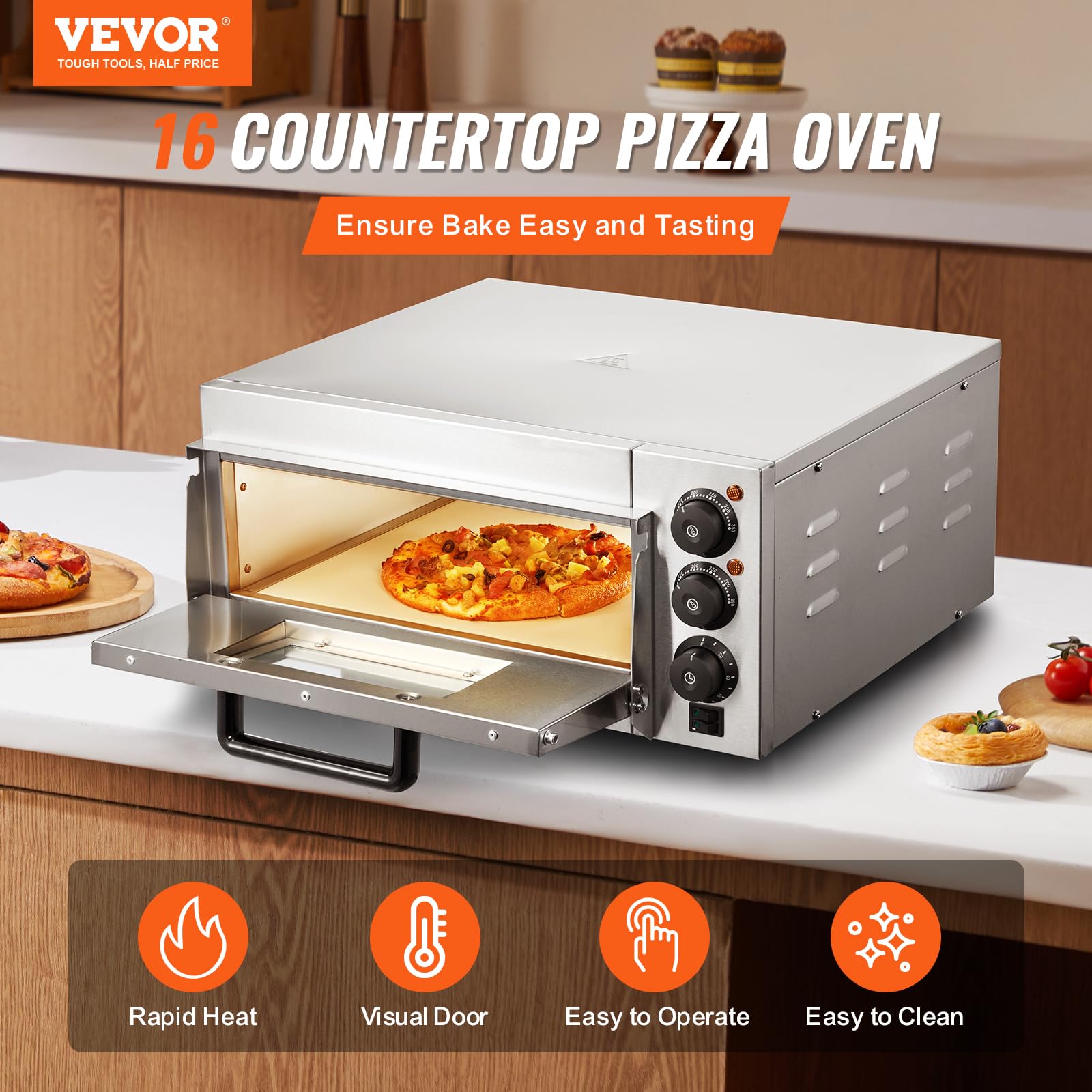 VEVOR Komercyjny piekarnik do pizzy, 406 mm jednopoziomowy, elektryczny piekarnik do pizzy ze stali nierdzewnej z kamieniem i uchwytem, restauracja wewnętrzna maszyna do pizzy, domowy piec do pizzy